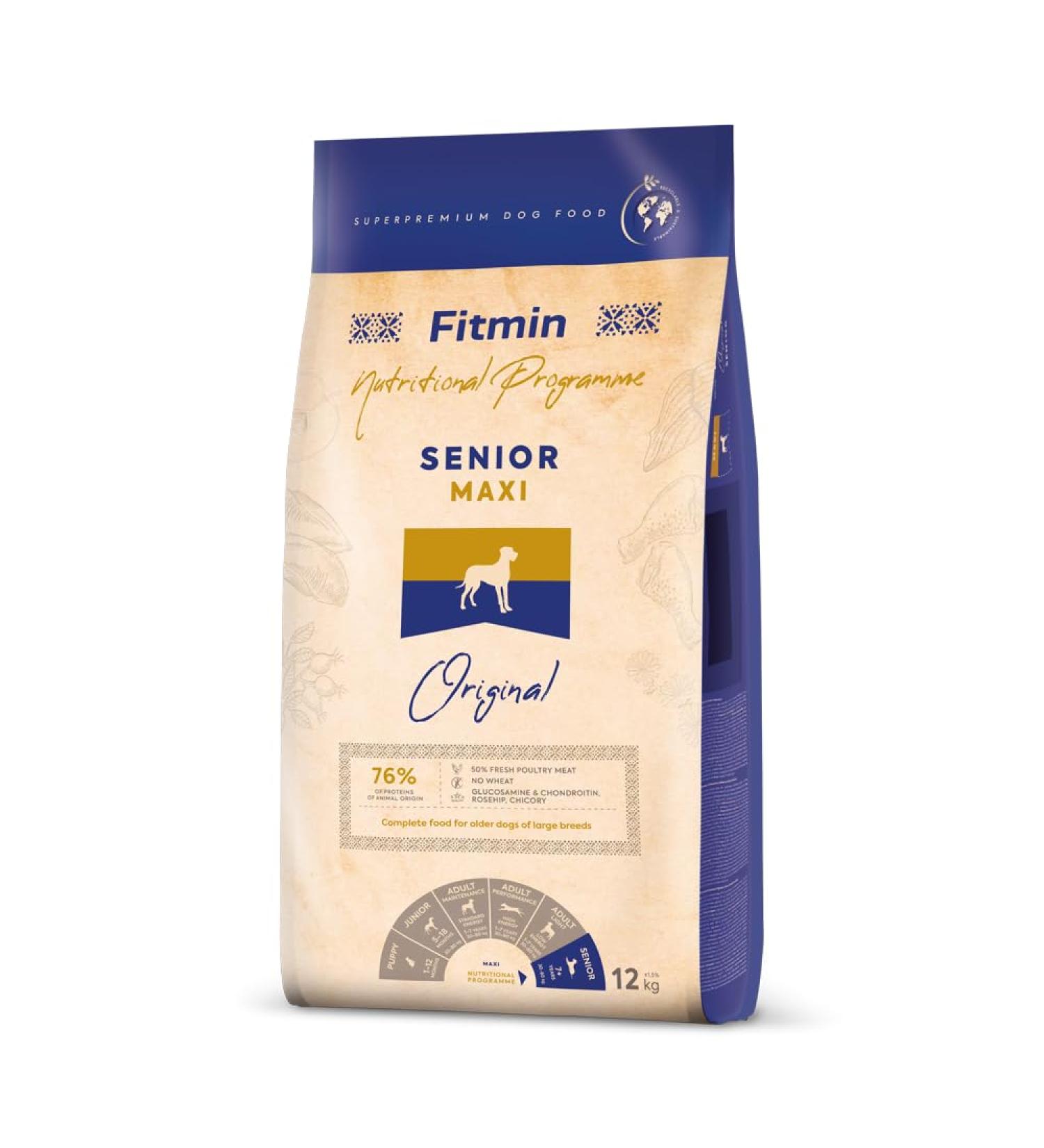 Fitmin Maxi Senior - Dry food for older dogs of large breeds - With fresh meat - 76% protein of animal origin - Food for older dogs of large breeds - 12 kg - Buy Online on GoSupps.com