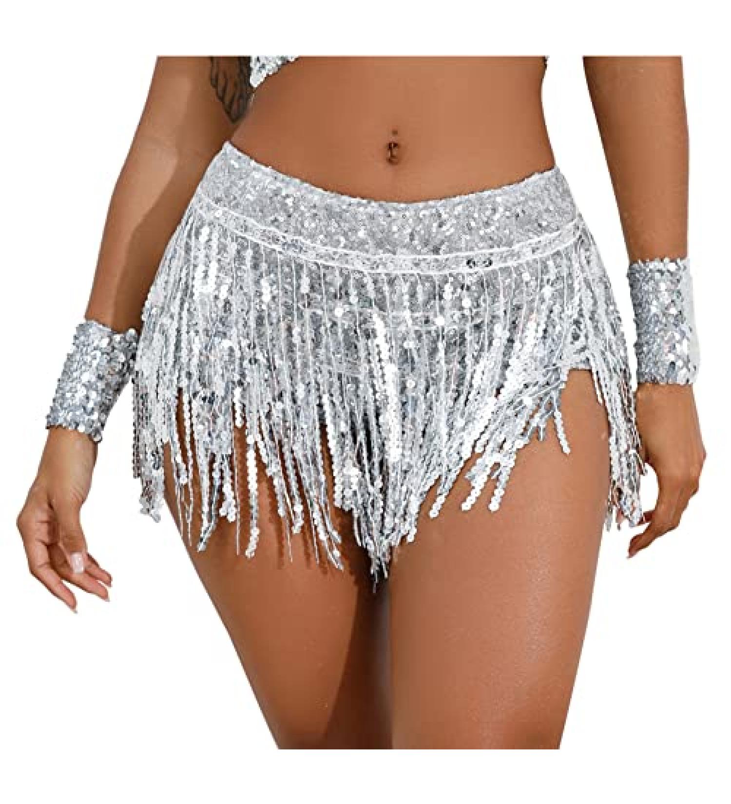 FEOYA Womens Sequins Tassel Festival Dance Sparkly Fringe Skirt - Silver2, X-Large - Buy Online on GoSupps.com