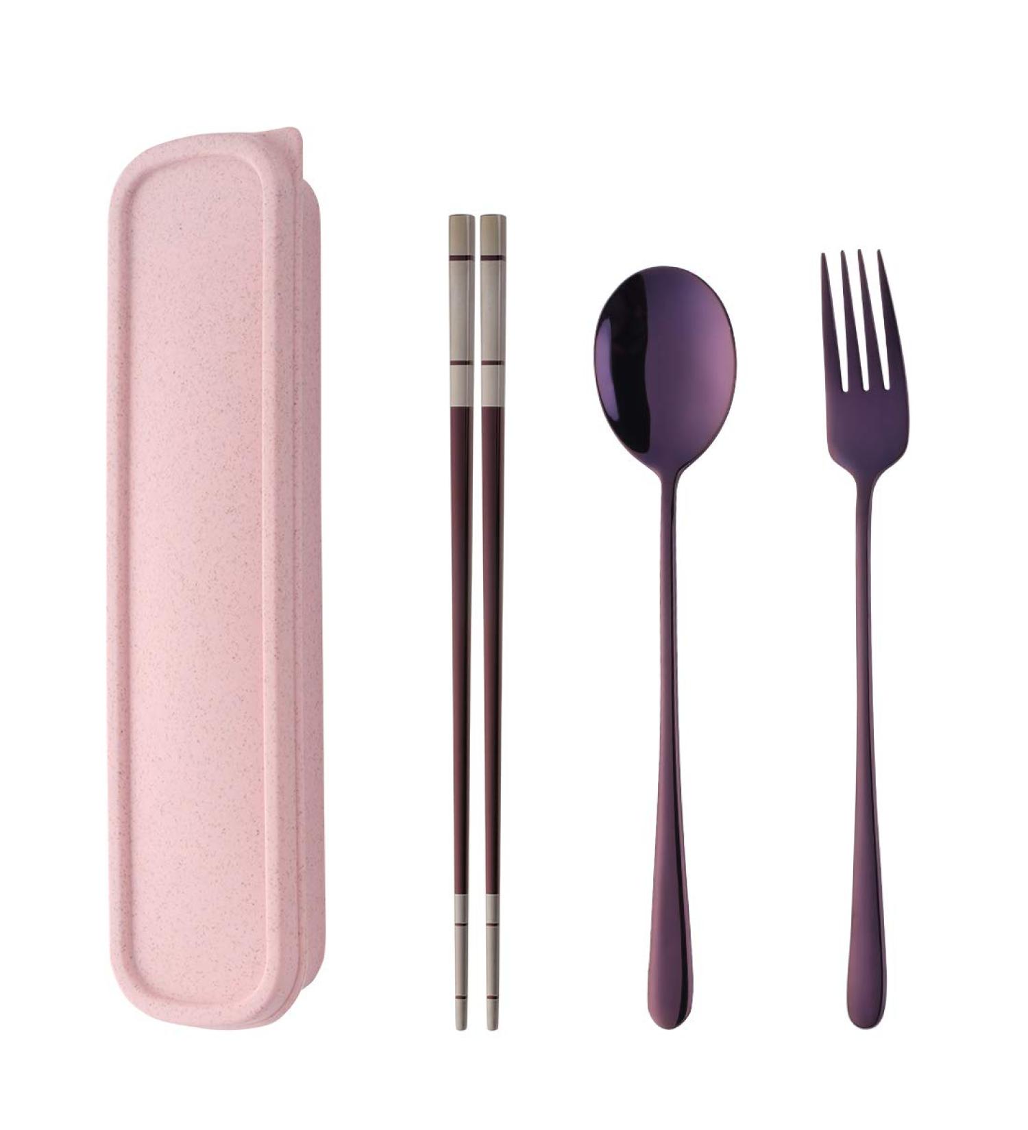Stainless Steel Fork Spoon Chopsticks Set with Durable Case - Purple | Ideal for Home, Camping, Traveling, Hiking - Buy Online on GoSupps.com