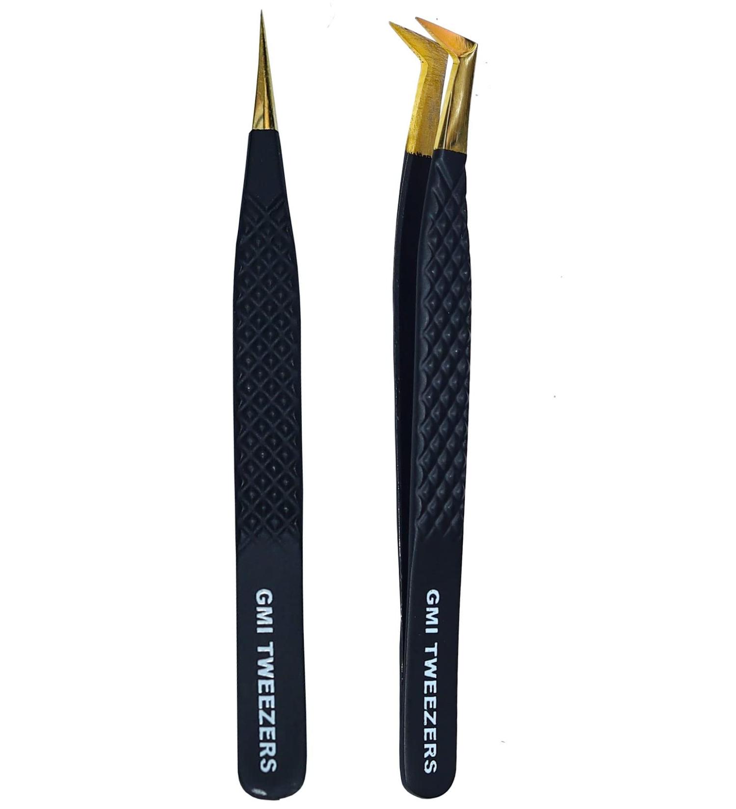 2pcs Black Gold Pointed Eyelash Tweezers for Lash Extension - Stainless Steel Precision Tweezers for Volume and Classic Lashes - False Eyelash Extension Kit - Buy Online on GoSupps.com
