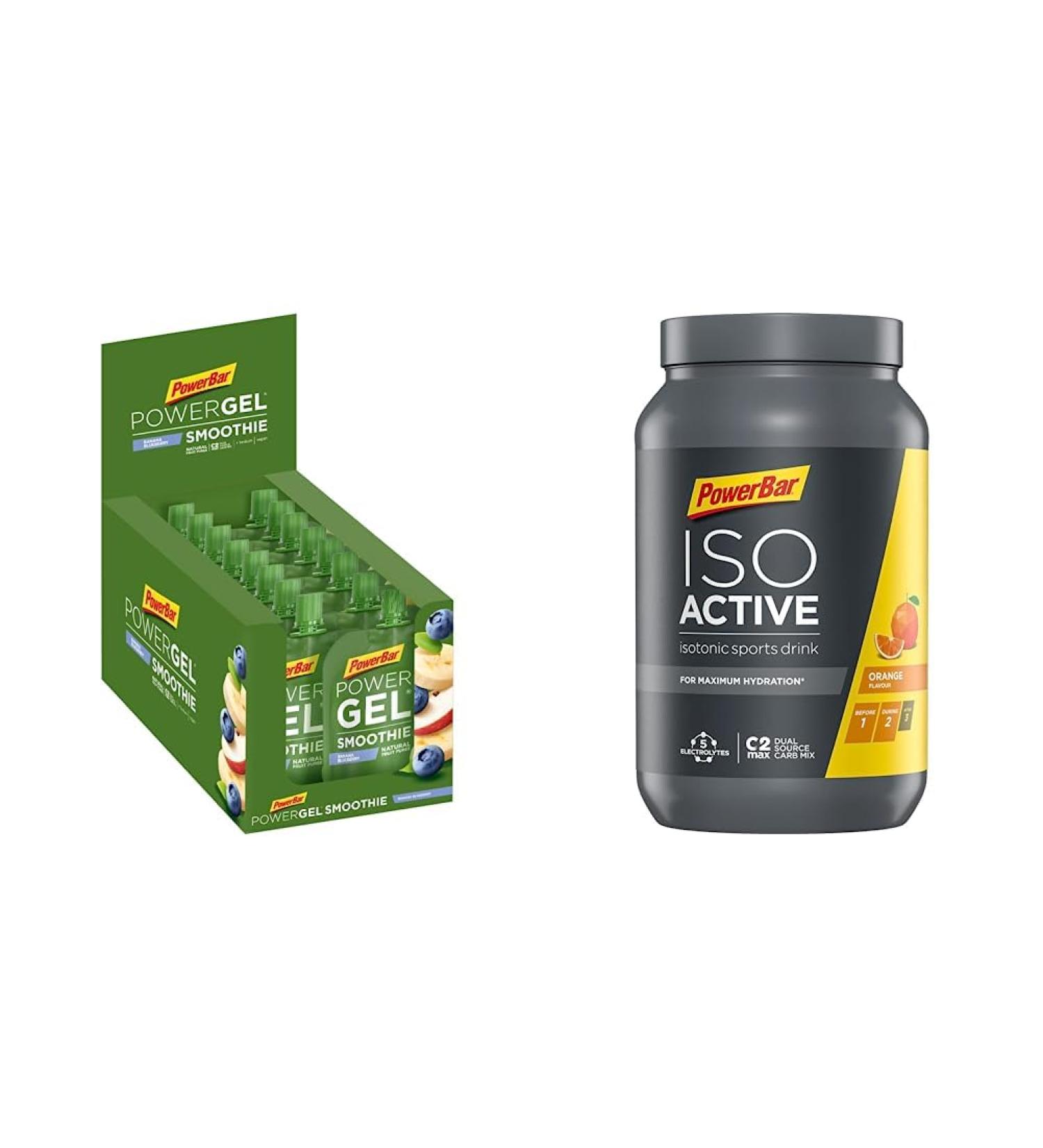 Powerbar Powergel Smoothies Banana Blueberry & Isoactive Orange Bundle | Isotonic Sports Drink with Electrolytes & C2max - 5 Pack - 16x90g & 1320g - Buy Online on GoSupps.com