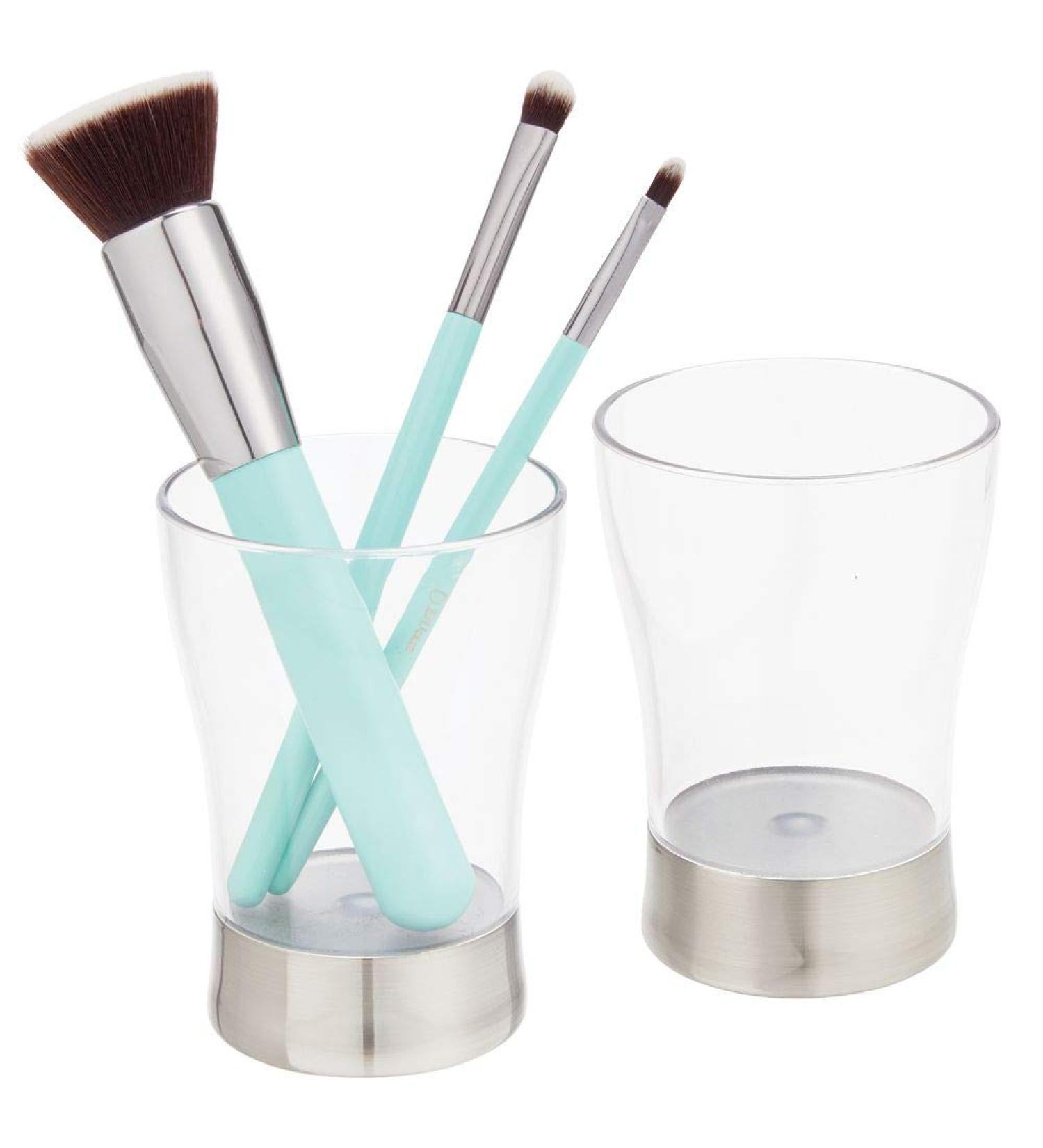 MDesign Set of 2 Decorative Toothbrush Cups BPA-Free Rustproof Bathroom Holder for Razors & Cosmetics in Transparent/Matt Silver - Buy Online on GoSupps.com