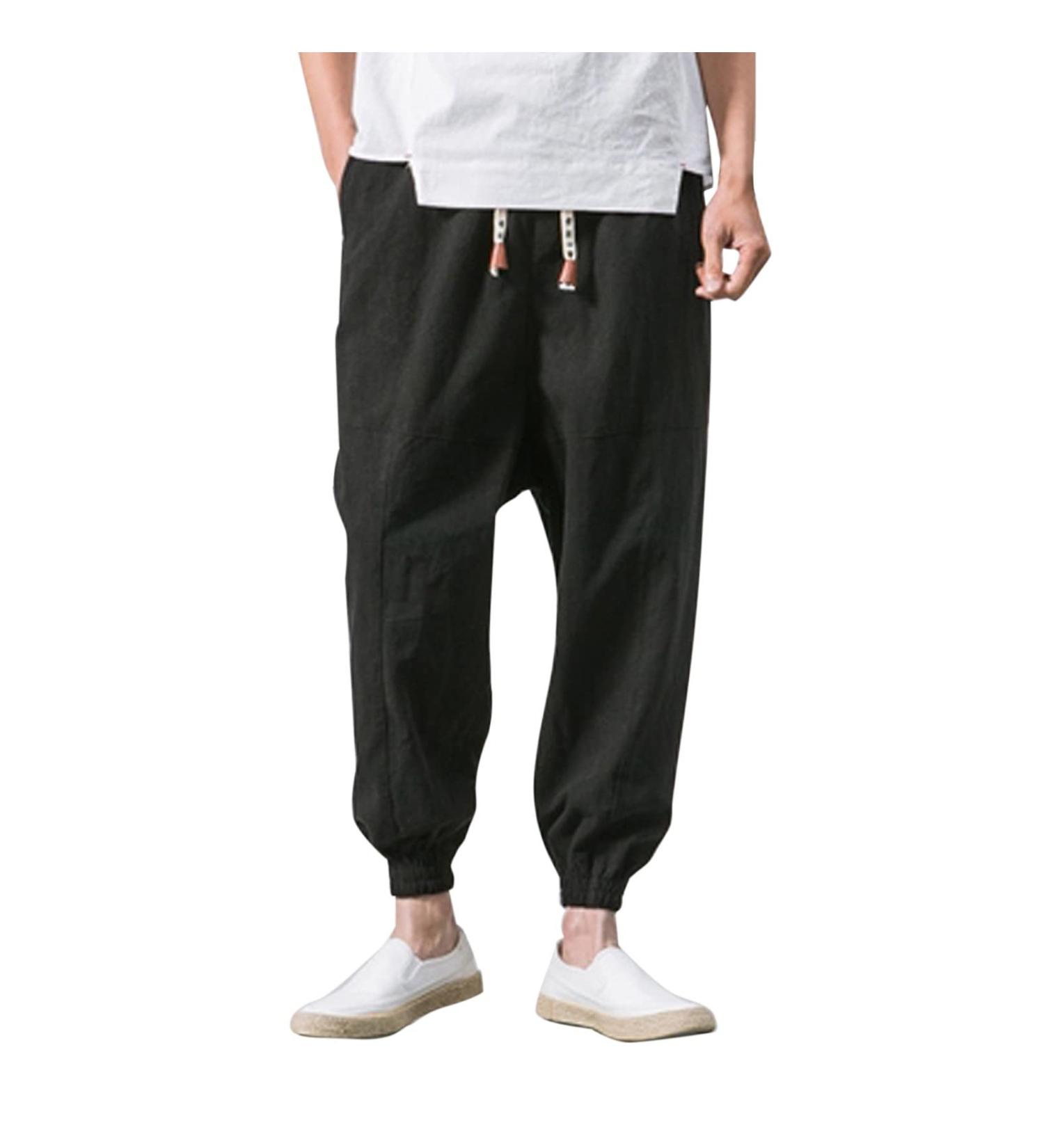 Men's Solid Cotton Trousers with Pockets | Elastic Waist & Leisure Pants | Sizes Up to XXXL in Black - Buy Online on GoSupps.com
