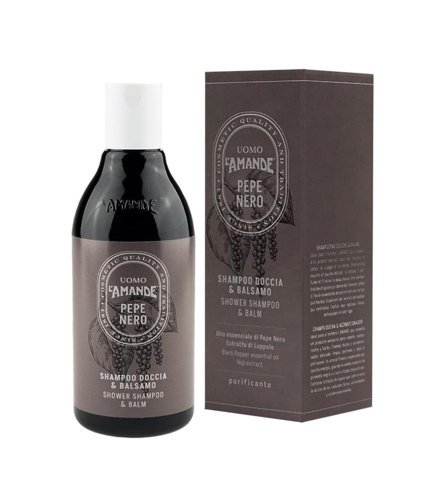 L'Amande L'AMANDE - Purifying & Energizing Men's Shower Shampoo & Conditioner with Black Pepper - Cleansing & Shower Gel Moisturizing Body Shampoo Hair Face Beard Gentle Foaming Gel