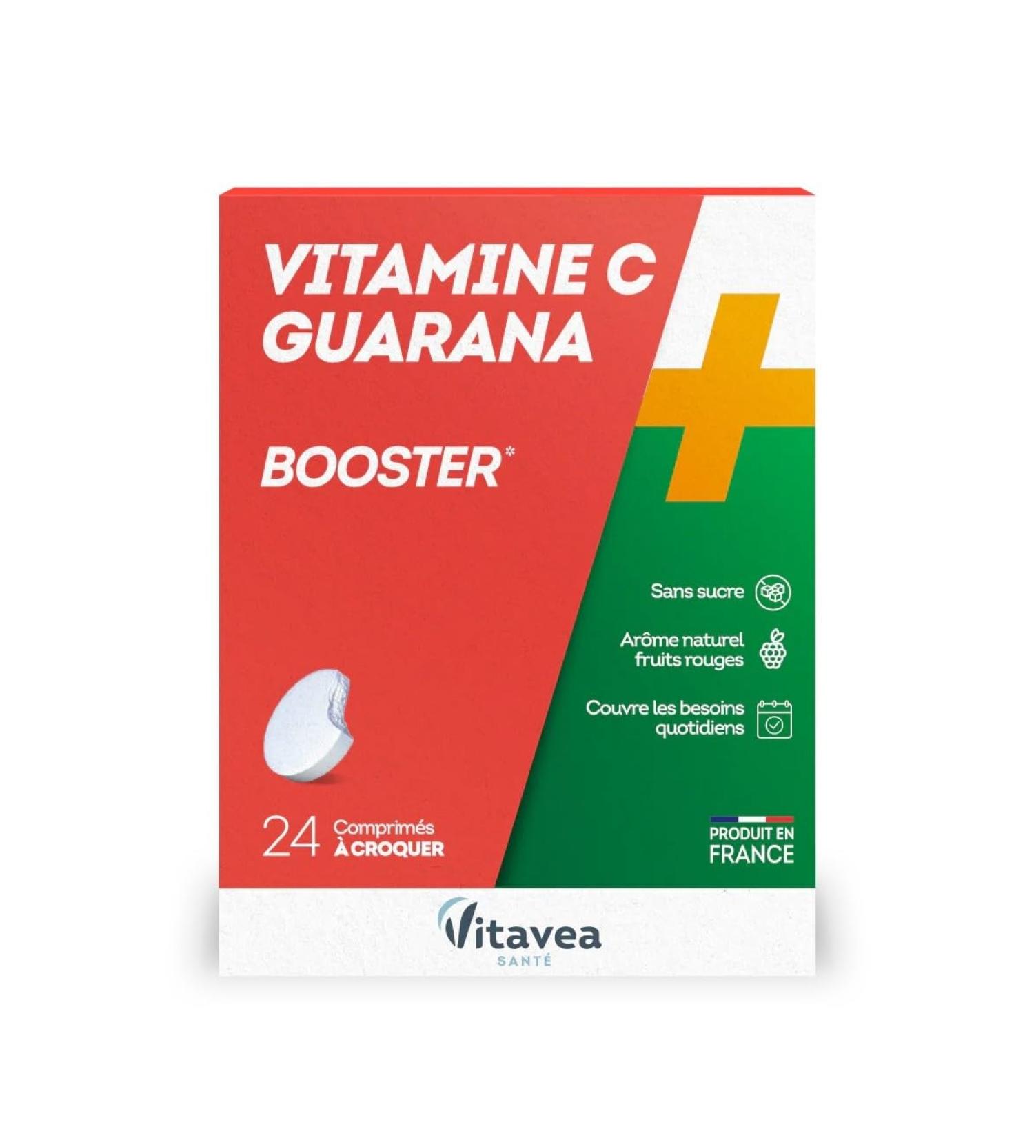 Vitavea - Vitamin C Guarana - sugar-free booster natural red fruit flavor - made in France - 24 chewable tablets