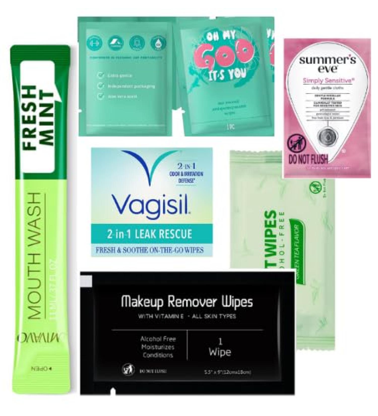 Feminine wash kit travel expected the unexpected and keep confident with individual wrap items QR code (Leak Rescue & Simple Sensitive)