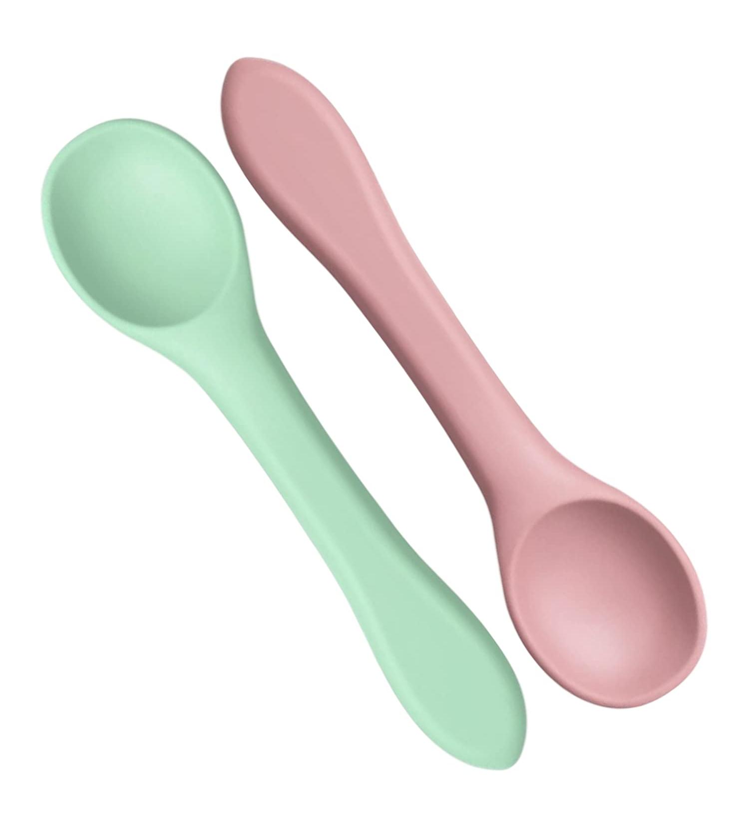 2Pcs Silicone Baby Weaning Spoons Set - Toddler Feeding Training Cutlery (Morandi Pink/Green) - Buy Online on GoSupps.com