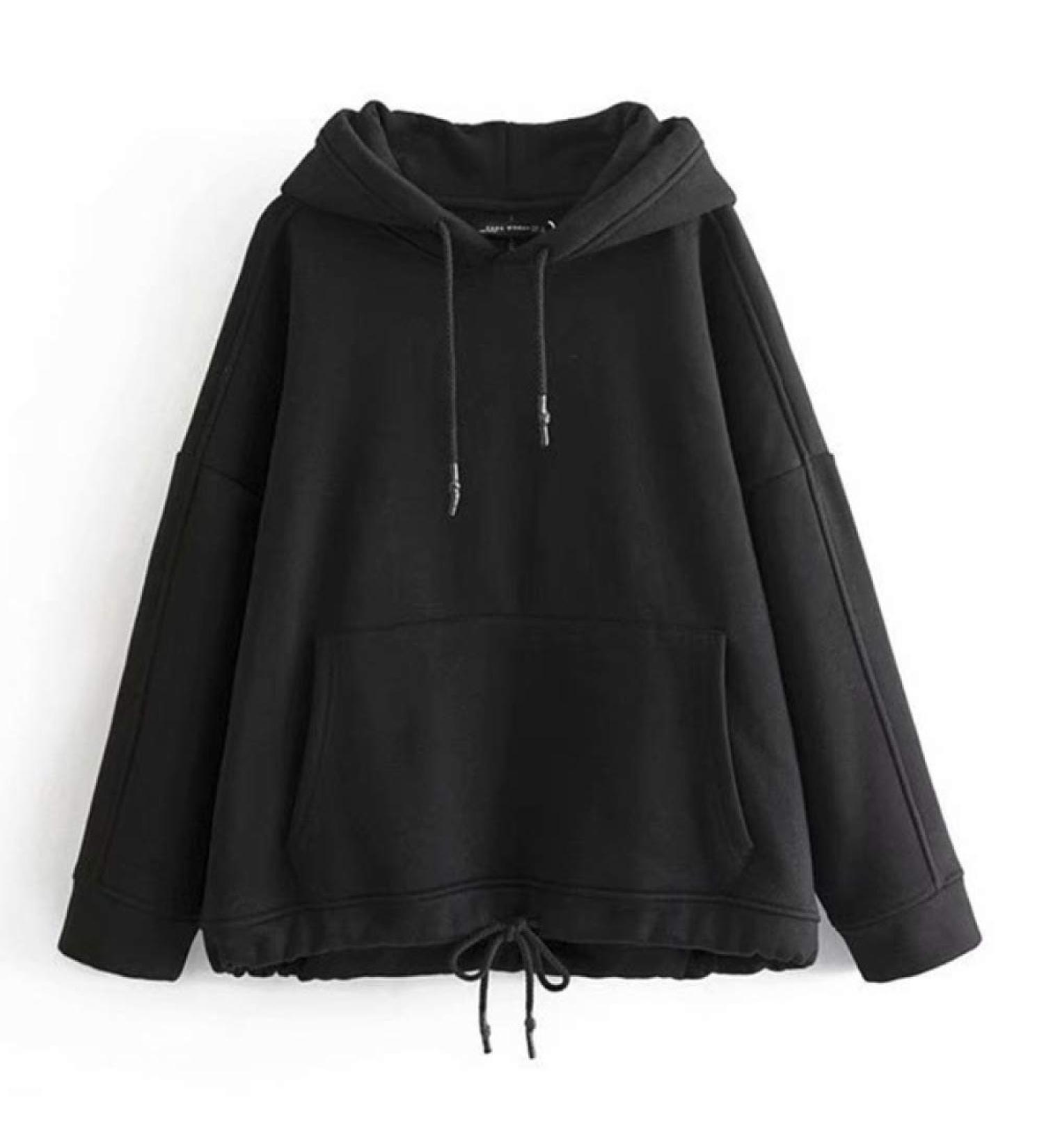 Bigfanshu Womens Winter Velvet Women's Hoodies Hooded Kangaroo Pocket Sweatshirt Autumn Korean Casual Hoody Ladies Black