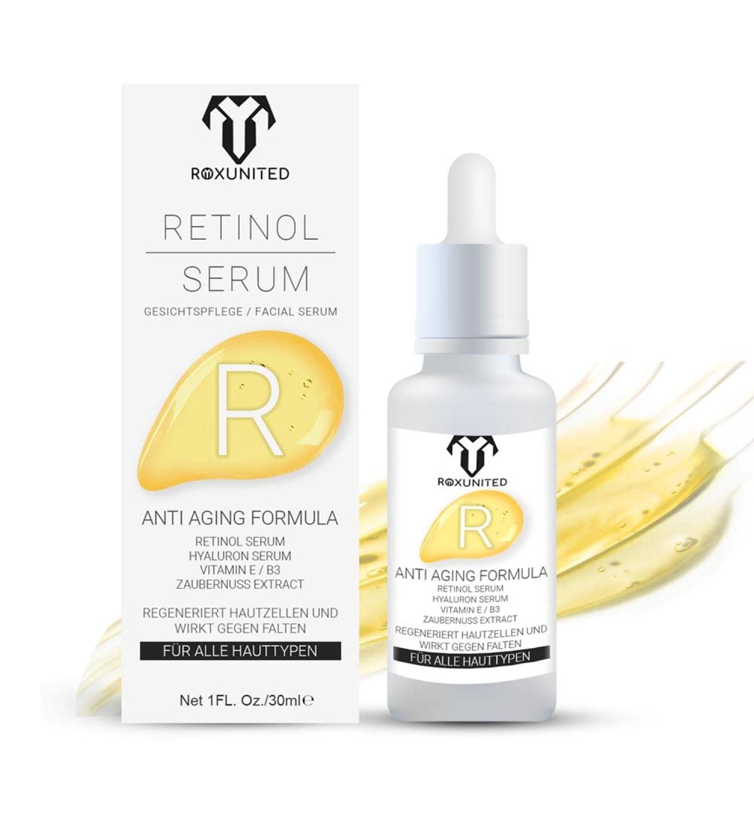 Roxunited Retinol Serum 30 ml - Best Anti-Aging Serum with Vitamin C Vegan Hyaluronic Acid for Wrinkles & Dark Circles - Comparison Winner - Buy Online on GoSupps.com