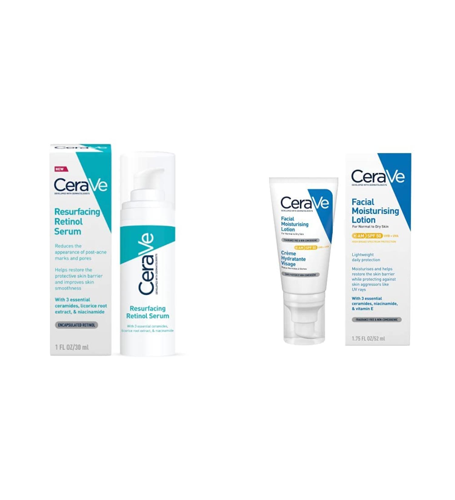 CeraVe Resurfacing Retinol Serum with Ceramides & Niacinamide for Blemish-Prone Skin 30ml & AM Facial Moisturising Lotion SPF50 with Ceramides & Vitamin E for Normal to Dry Skin 52ml + AM Facial Moisturising Lotion - Buy Online on GoSupps.com