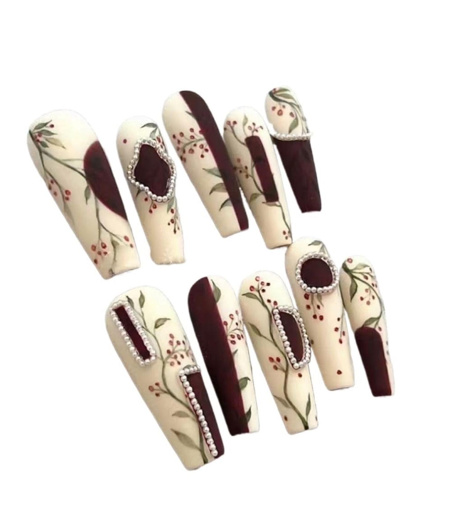 Temperament-enhancing manicure hand-painted new frosted armor in winter Chinese style retro nail patch T-shaped white modified hand shape.(XS)