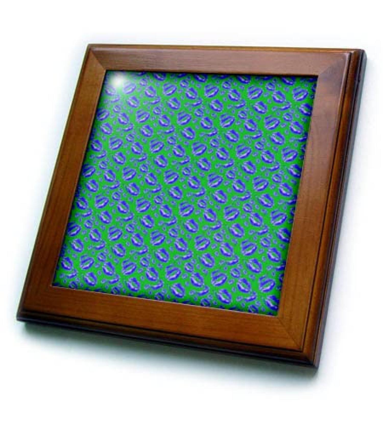 3dRose 8x8 Framed Tile - Two Kisses Collided Lip Bold Blue Lips Pattern Pattern - Lipstick Kisses