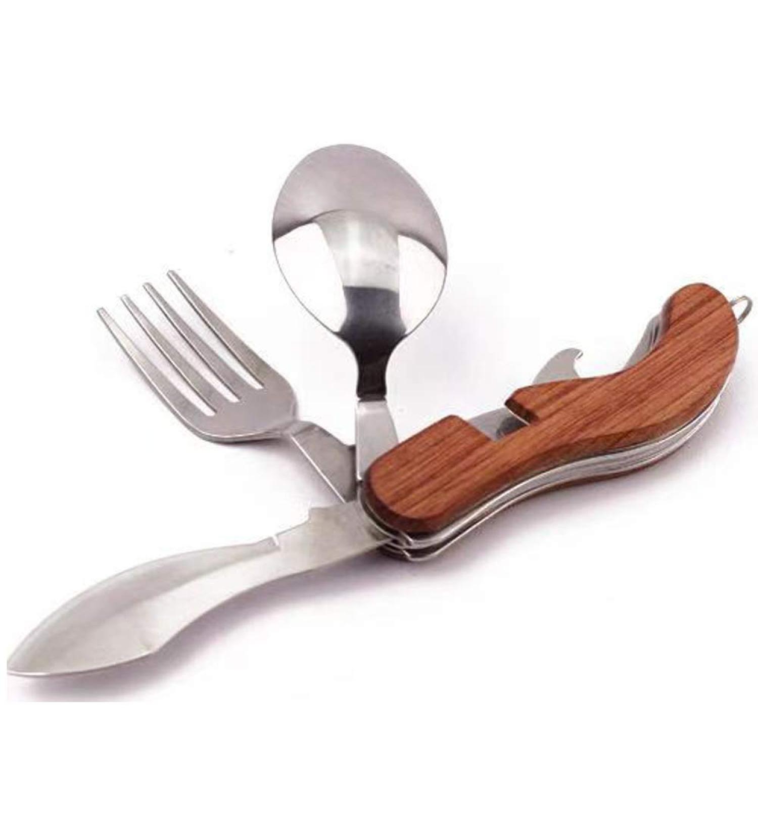 Portable 4-in-1 Camping Tableware Utensils Set - Stainless Steel Spoon, Fork, Knife, Bottle Opener Combo for Travel & Backpacking - Buy Online on GoSupps.com