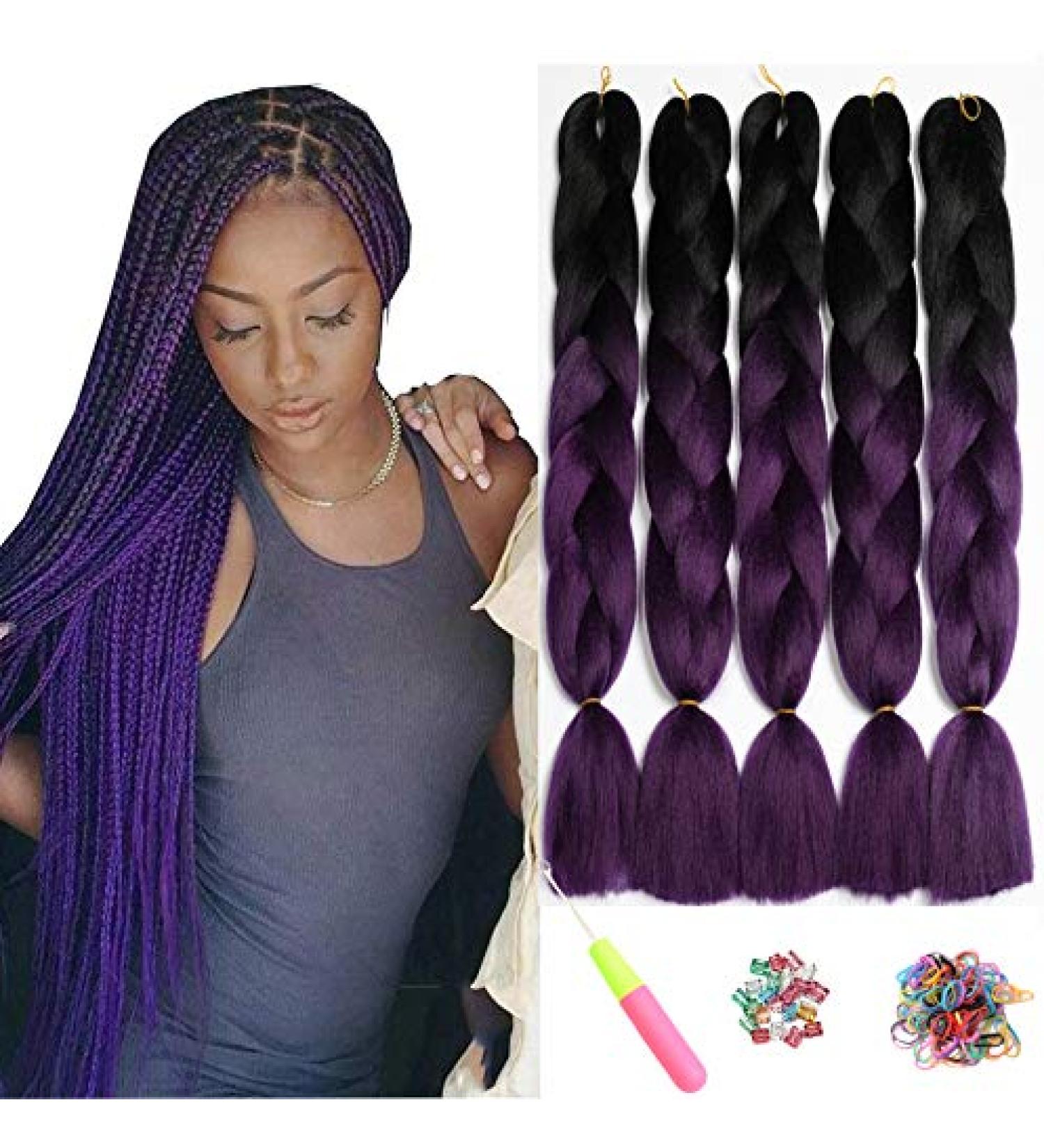 Showjarlly Jumbo Braid Art Hair Extensions - 24 Inch Ombre Kanekalon Braid (5 Pack) for Crochet Twist & Box Braids - Black/Purple - Buy Online on GoSupps.com