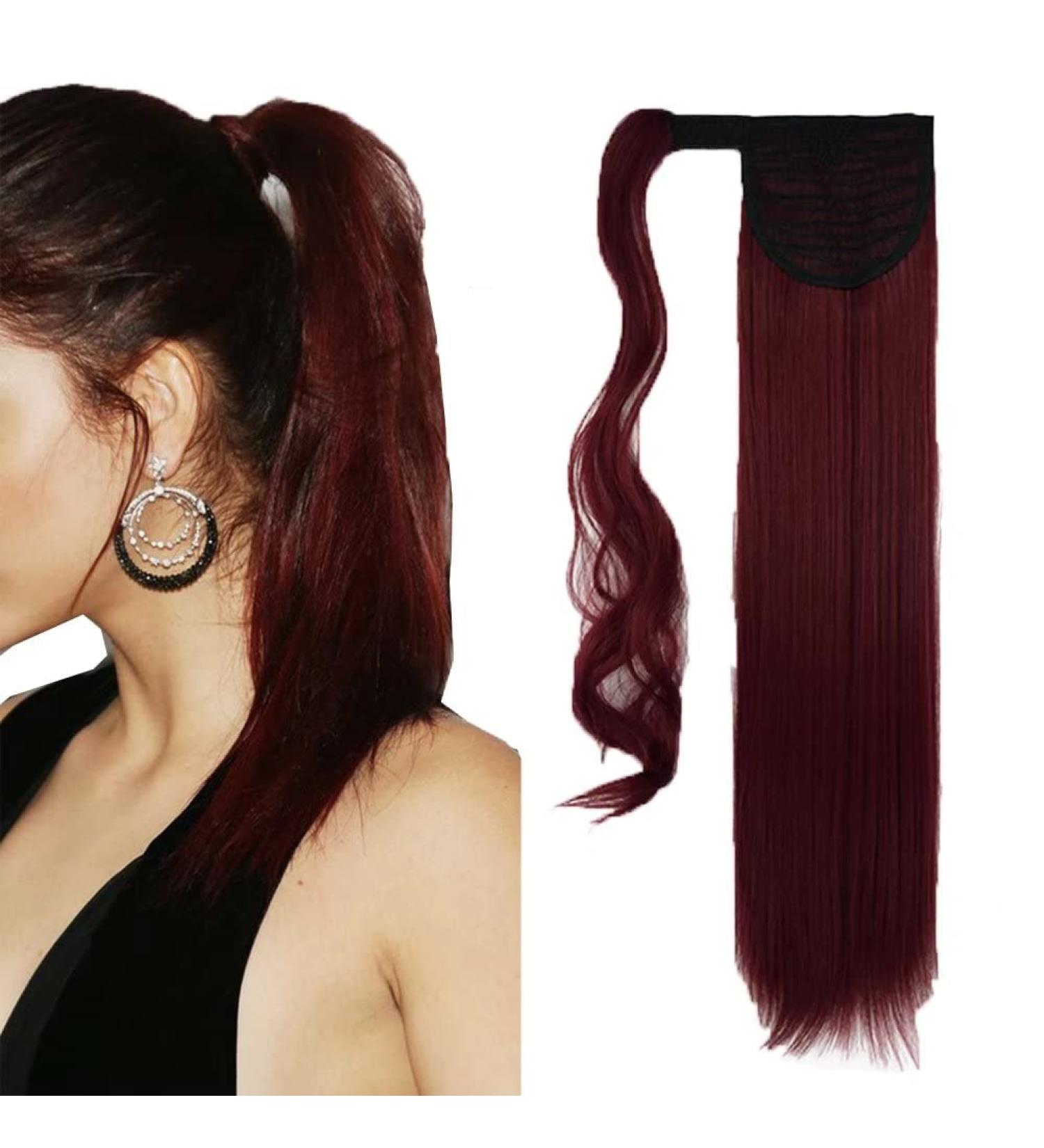 Iluu 61cm Clip-In Synthetic Ponytail Hair Extension - 100g Long Straight Wrapped Ponytail for Women - Dark Red (118#) - Buy Online on GoSupps.com