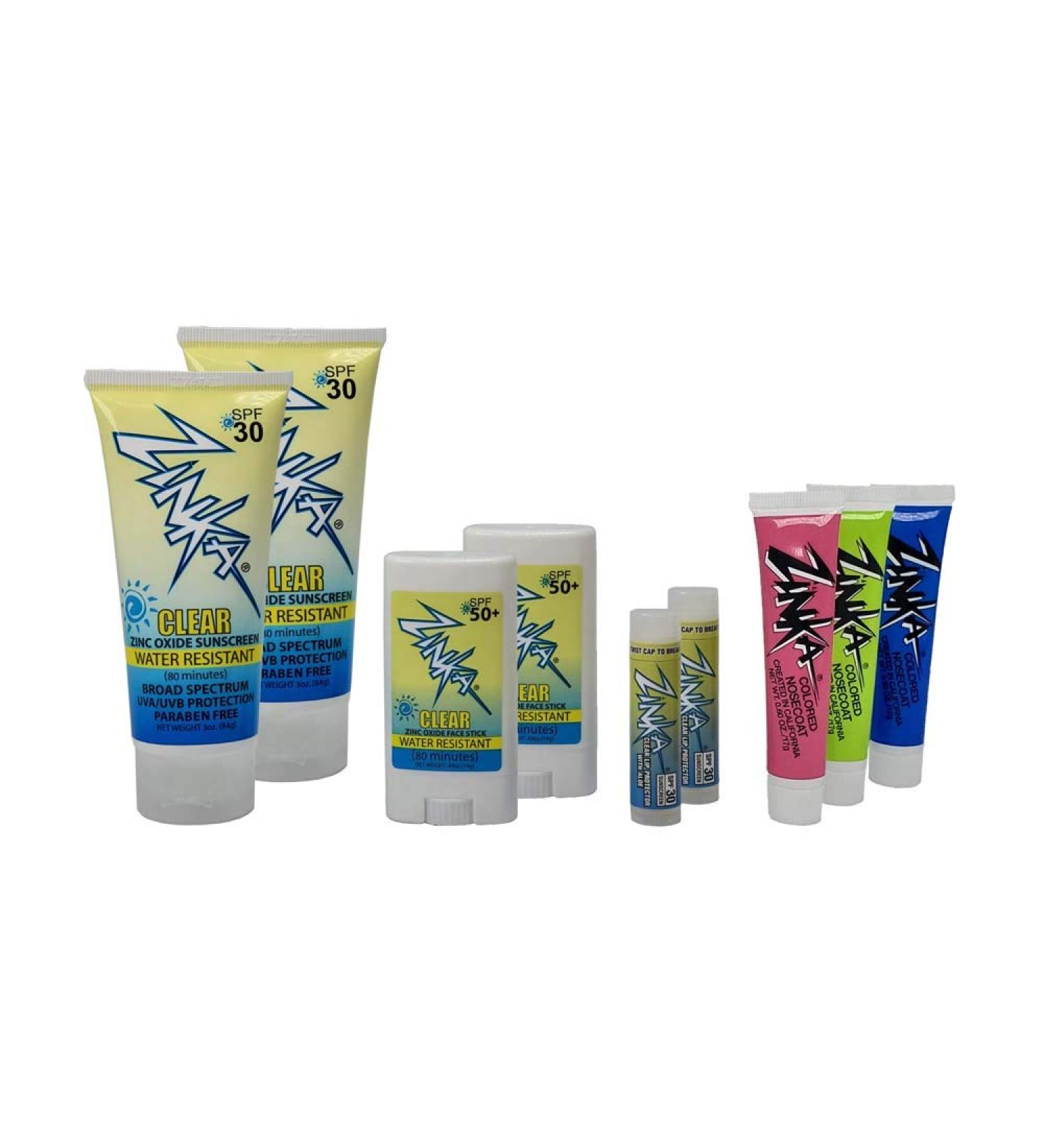 Zinka Sunny Days Family Pack - SPF 30/50 Sunscreen for Face Body & Lips | UVA/UVB Protection | Water Resistant & Paraben-Free | Includes Nosecoats Lotions Face Sticks & Lip Balms - Buy Online on GoSupps.com