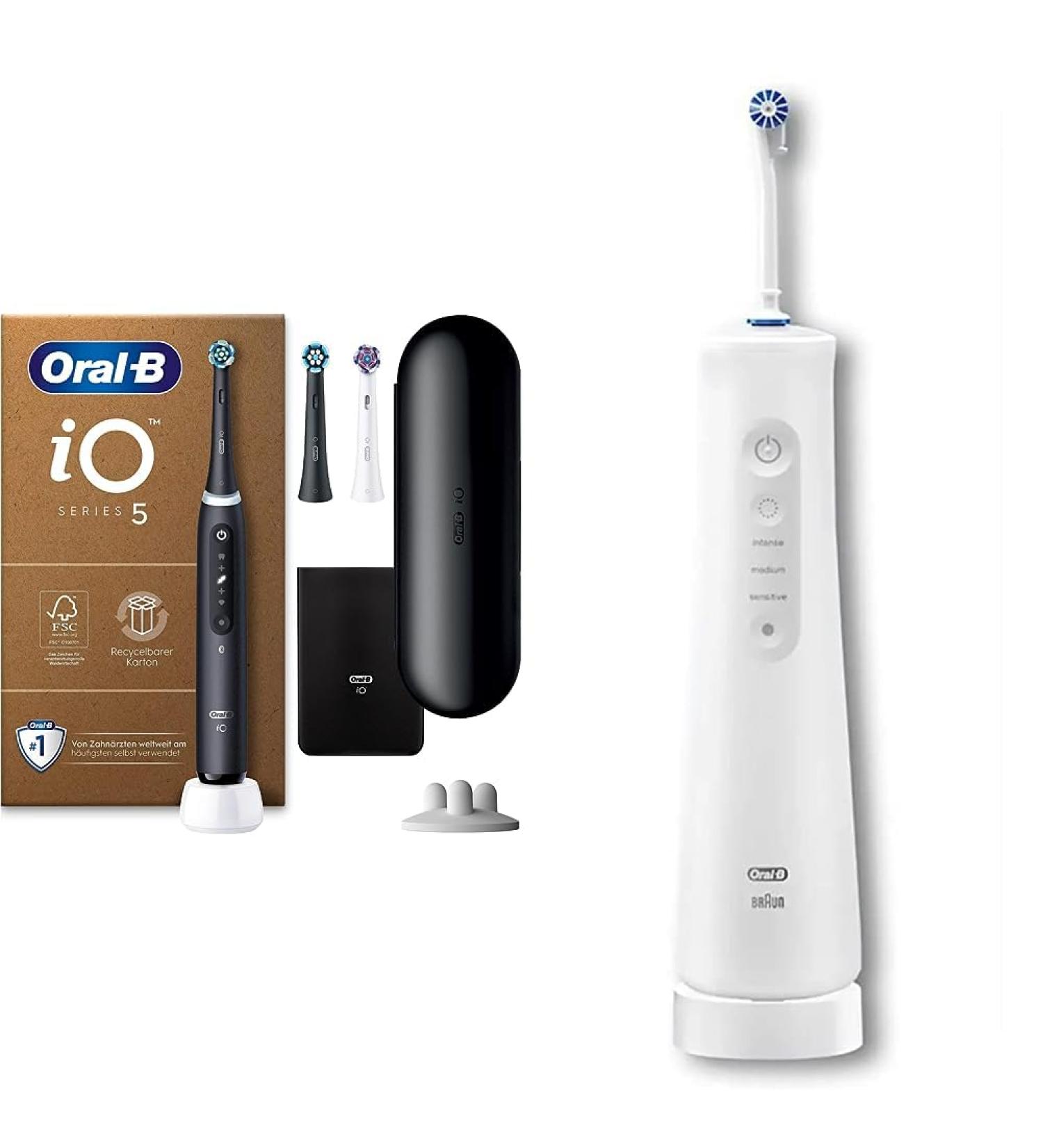 Oral-B io Series 5 Plus Electric Toothbrush & AquaCare 6 Wireless Mouth Shower Bundle - Matt Black with 3 Replacement Nozzles | International Shipping - Buy Online on GoSupps.com