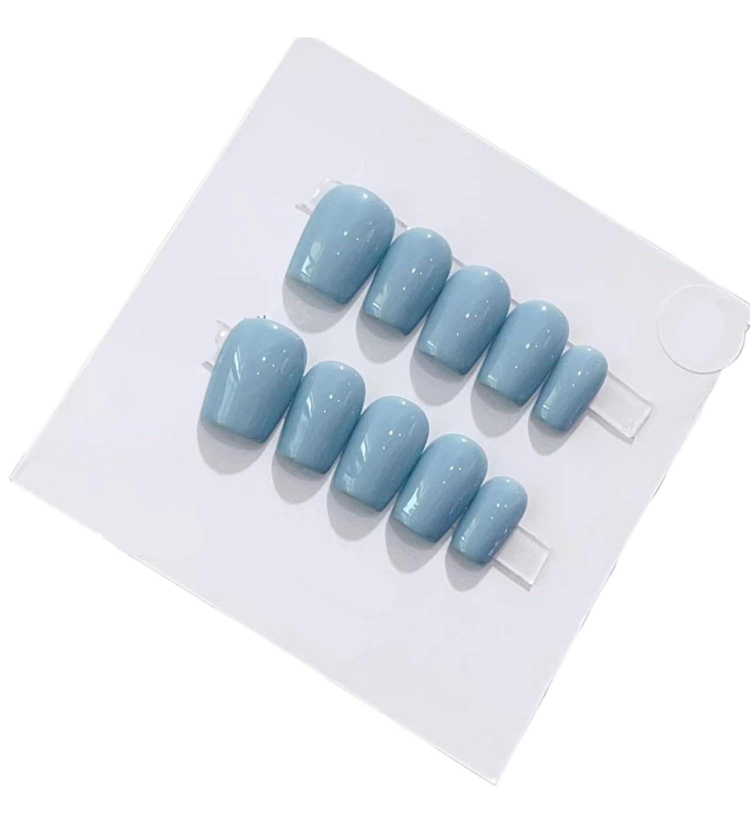 Handmade Wear Nail Summer Candy Color Solid Color Short Finished Blue Nail Patch Reusable Detachable(M) - Buy Online on GoSupps.com
