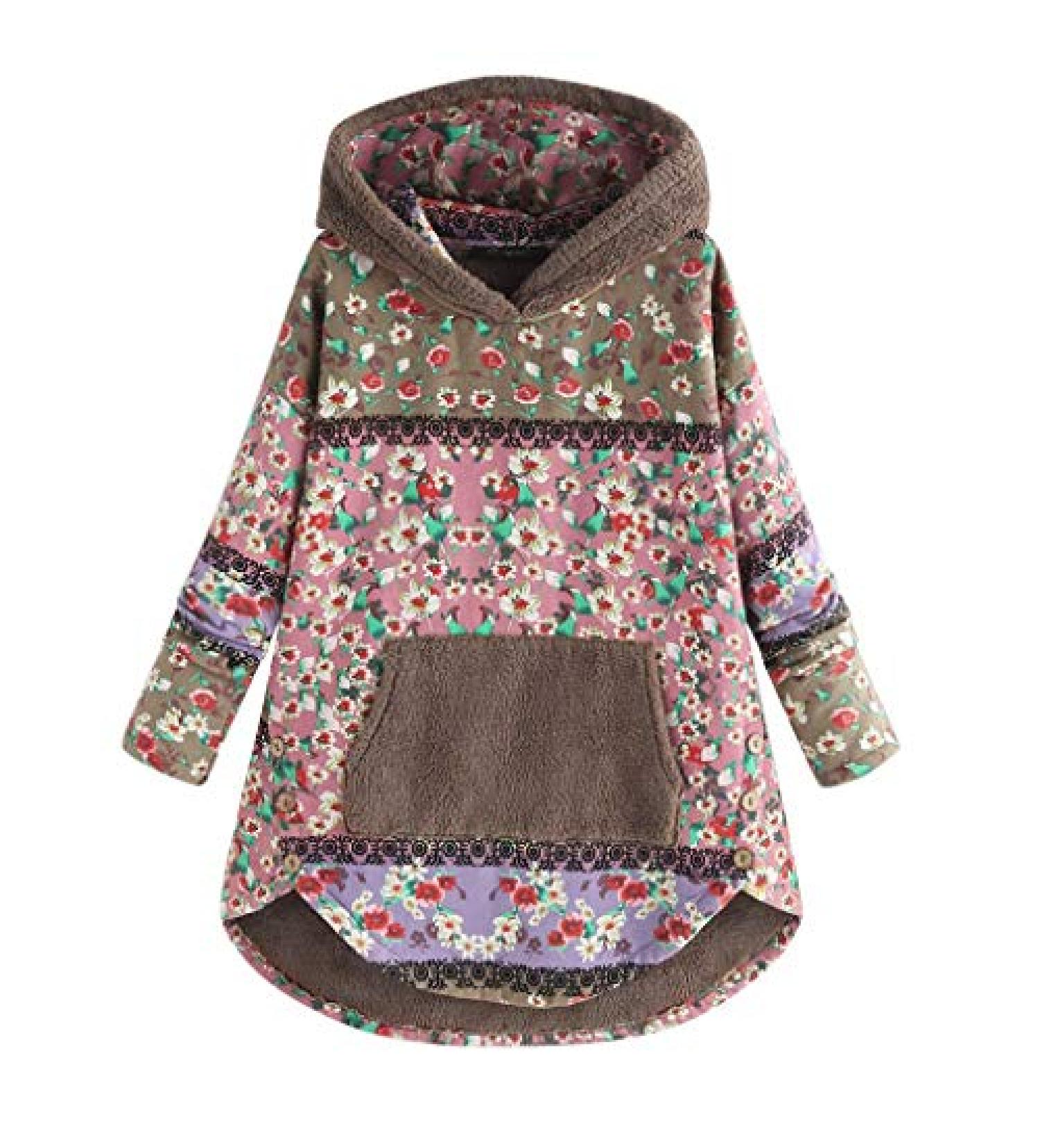 Women's Plus Size Vintage Boho Floral Hoodie Sweatshirt with Faux Fur Trim - Pink XXXXL (US 22) - Buy Online on GoSupps.com