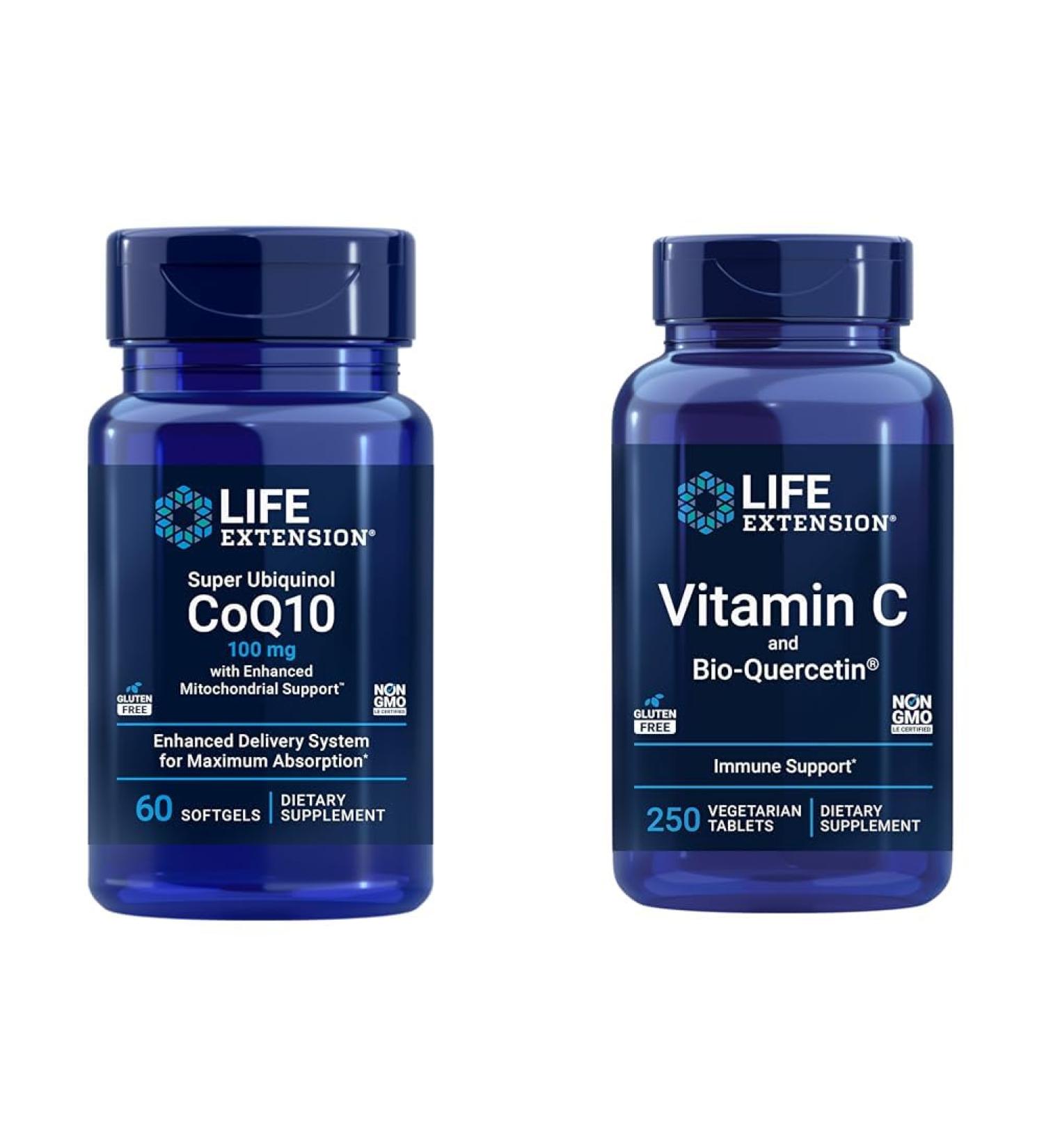 Life Extension Super Ubiquinol CoQ10 60 Softgels and Vitamin C & Bio-Quercetin Phytosome 250 Tablets Bundle for Heart Cellular Energy Immune & Overall Health Support - Buy Online on GoSupps.com
