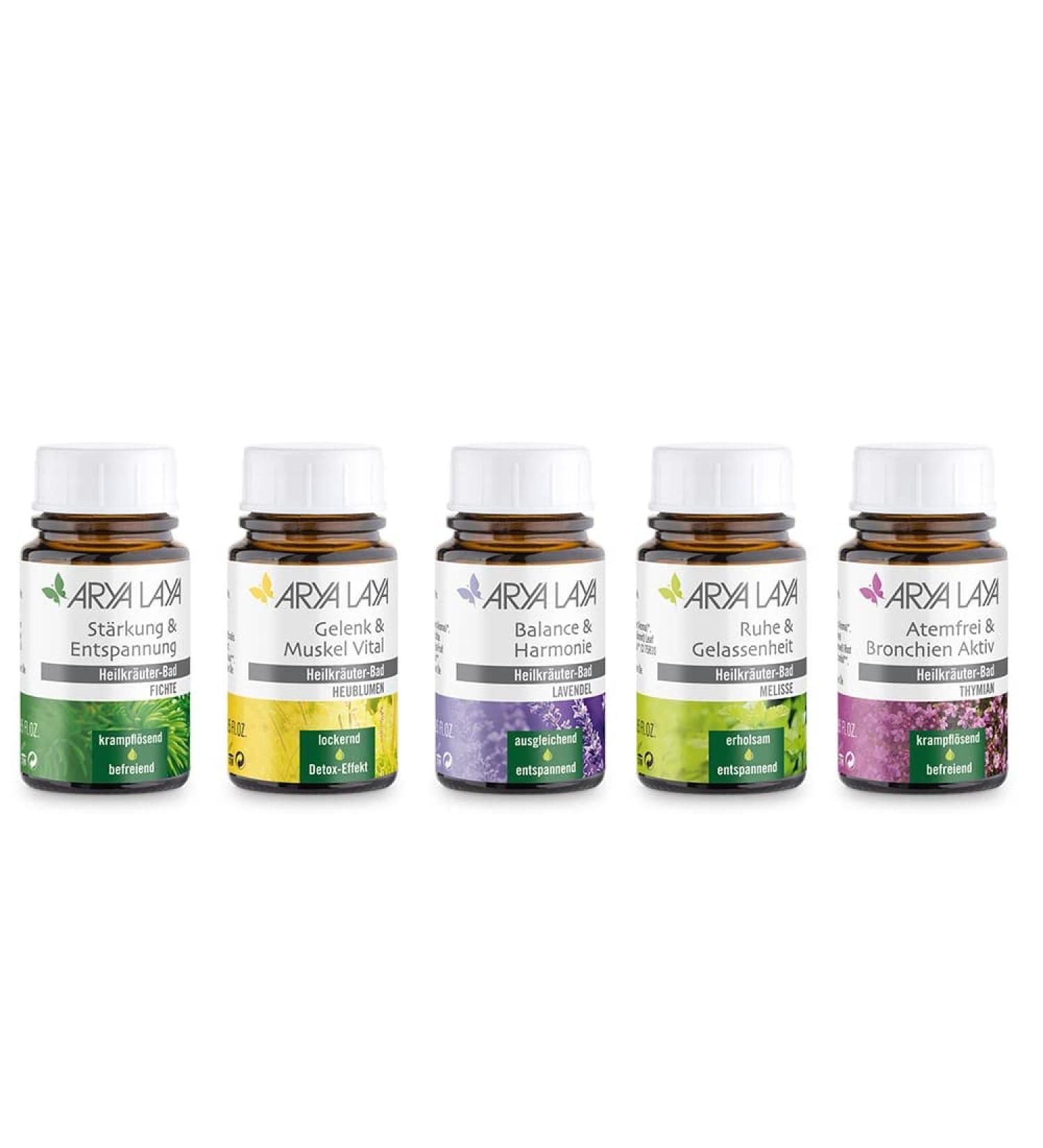 Arya Laya Salvation Baths - 5 x 25ml Wellness for Home | Vegan Varieties: Lemon Balm Spruce Thyme Lavender Hay Flower - Buy Online on GoSupps.com