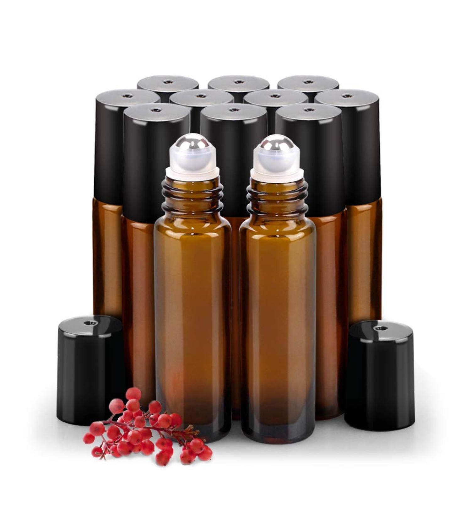 Sungwoo 12 Pack Essential Oil Roller Bottles 10ml - Amber Glass Roller Bottles with Stainless Steel Roller Balls and Caps for Travel Perfume and Lip Gloss - Buy Online on GoSupps.com