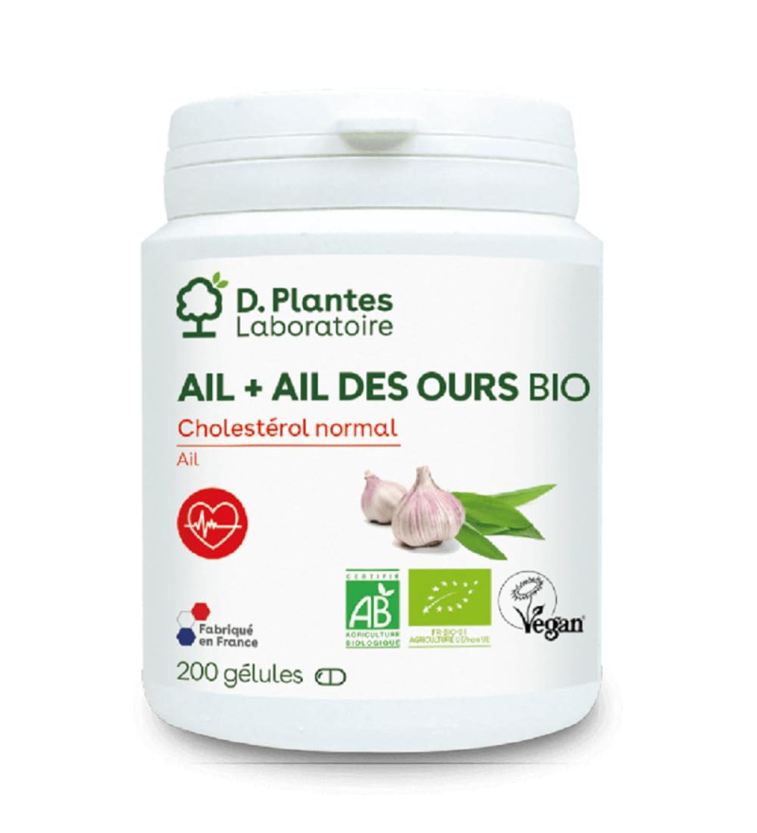 D.PLANTES Organic Garlic + Bear Garlic Food Supplement Antioxidants & Normal Cholesterol Made in France 200 Capsules