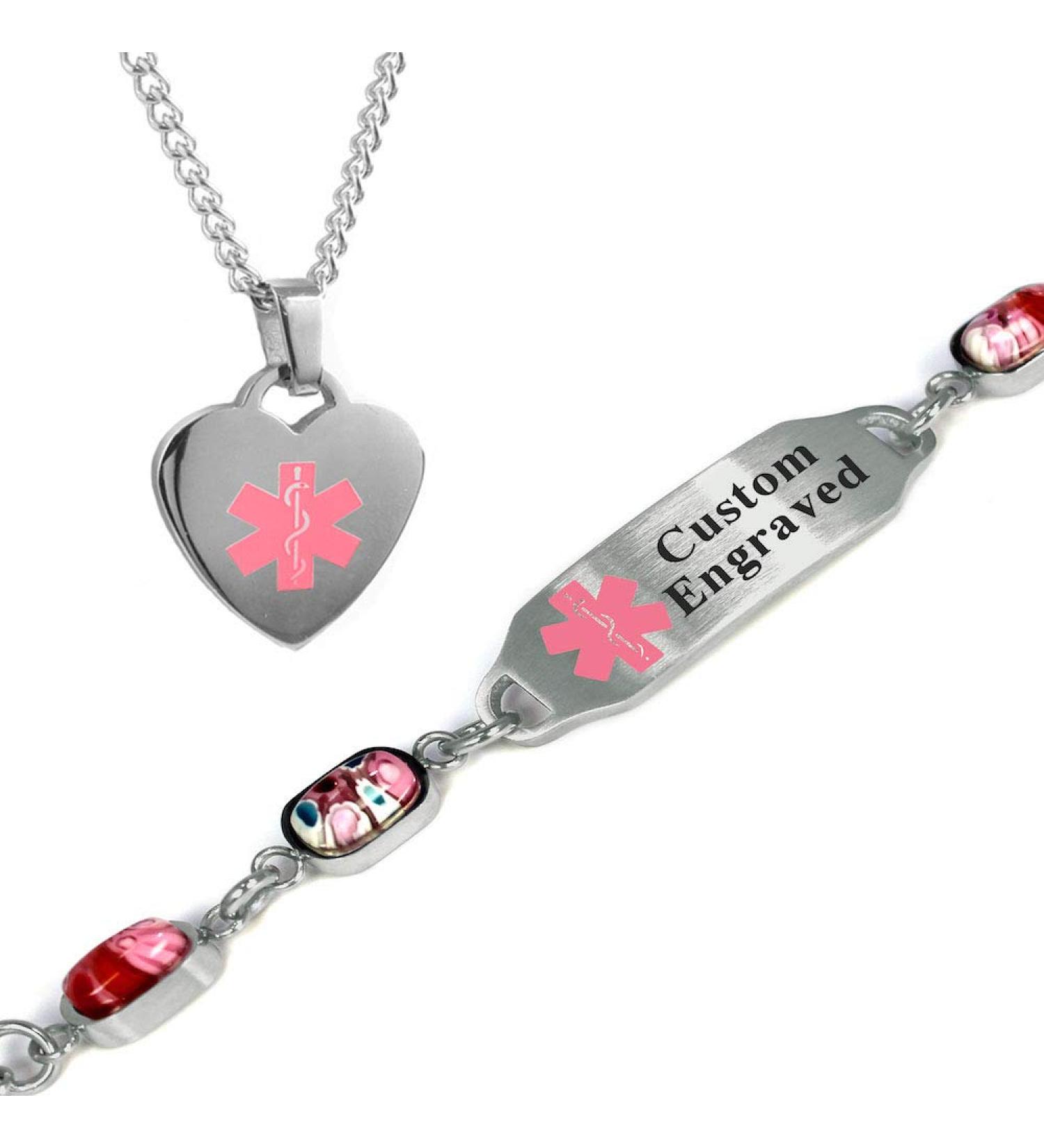 Custom Engraved Women's Medical Alert Bracelet & Heart Necklace - Pink Glass Stainless Steel - 6in Size - Buy Online on GoSupps.com
