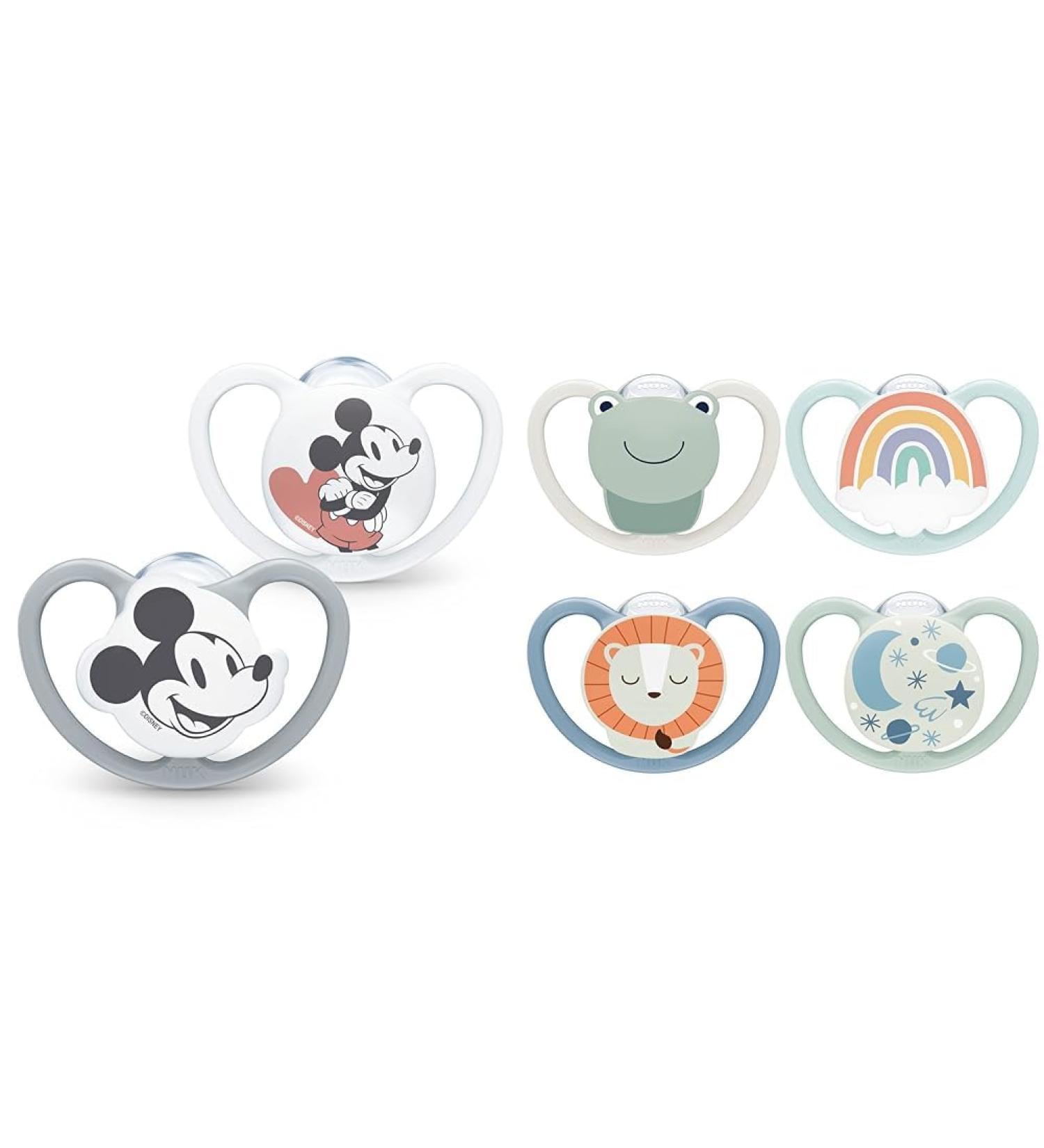 Nuk Space Schnuller Pacifier 0-6 Months | BPA-Free Silicone | Disney Mickey Mouse | Extra Ventilation | Gray & White | 2 Pack | Space Day & Night Baby Casing - Buy Online on GoSupps.com