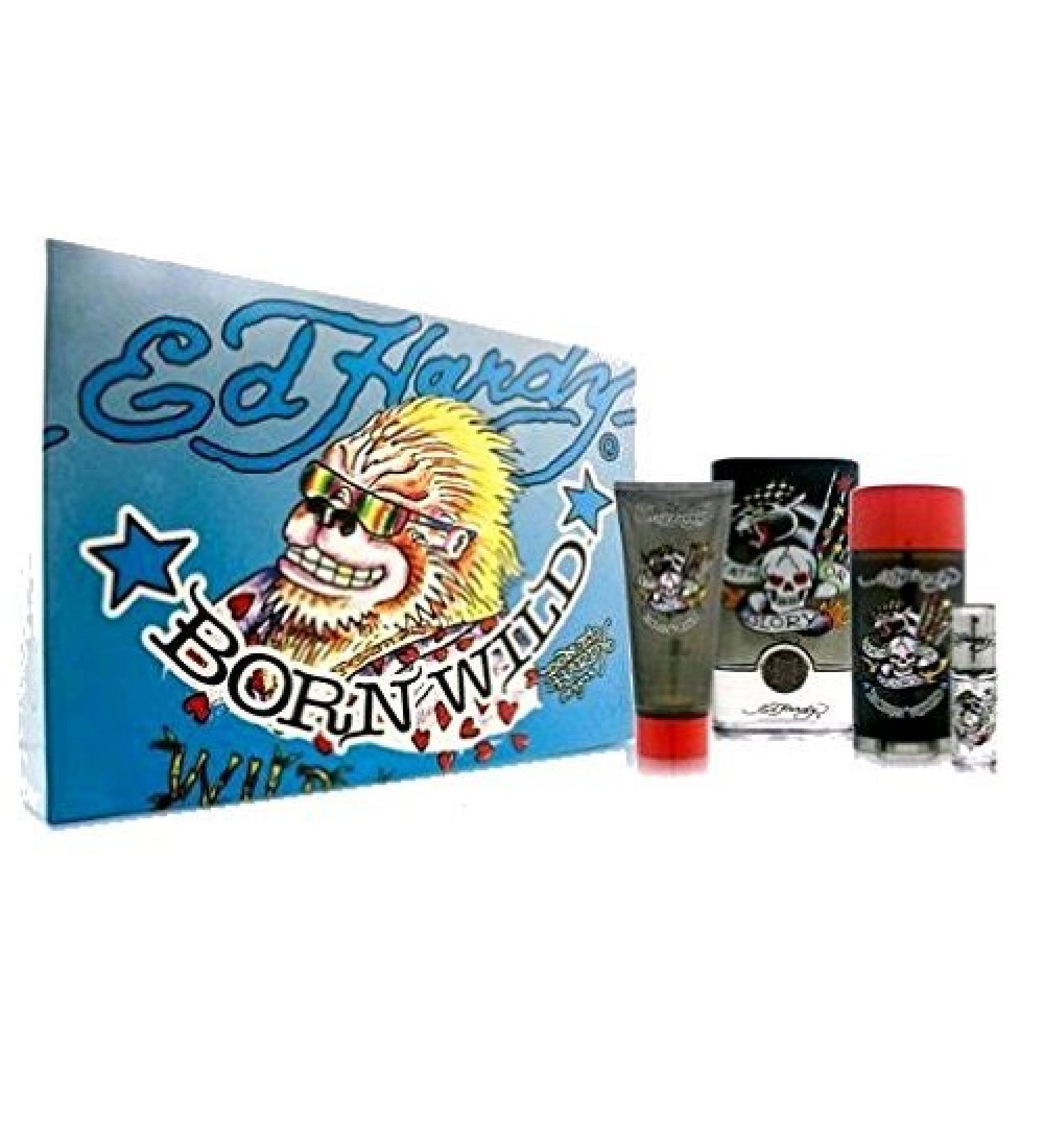 Ed Hardy Born Wild for Men 4 Piece Set Includes: 3.4 oz Eau de Toilette Spray + 0.25 oz Eau de Toilette Travel Spray + 3.0 oz Hair & Body Wash + 2.75 oz