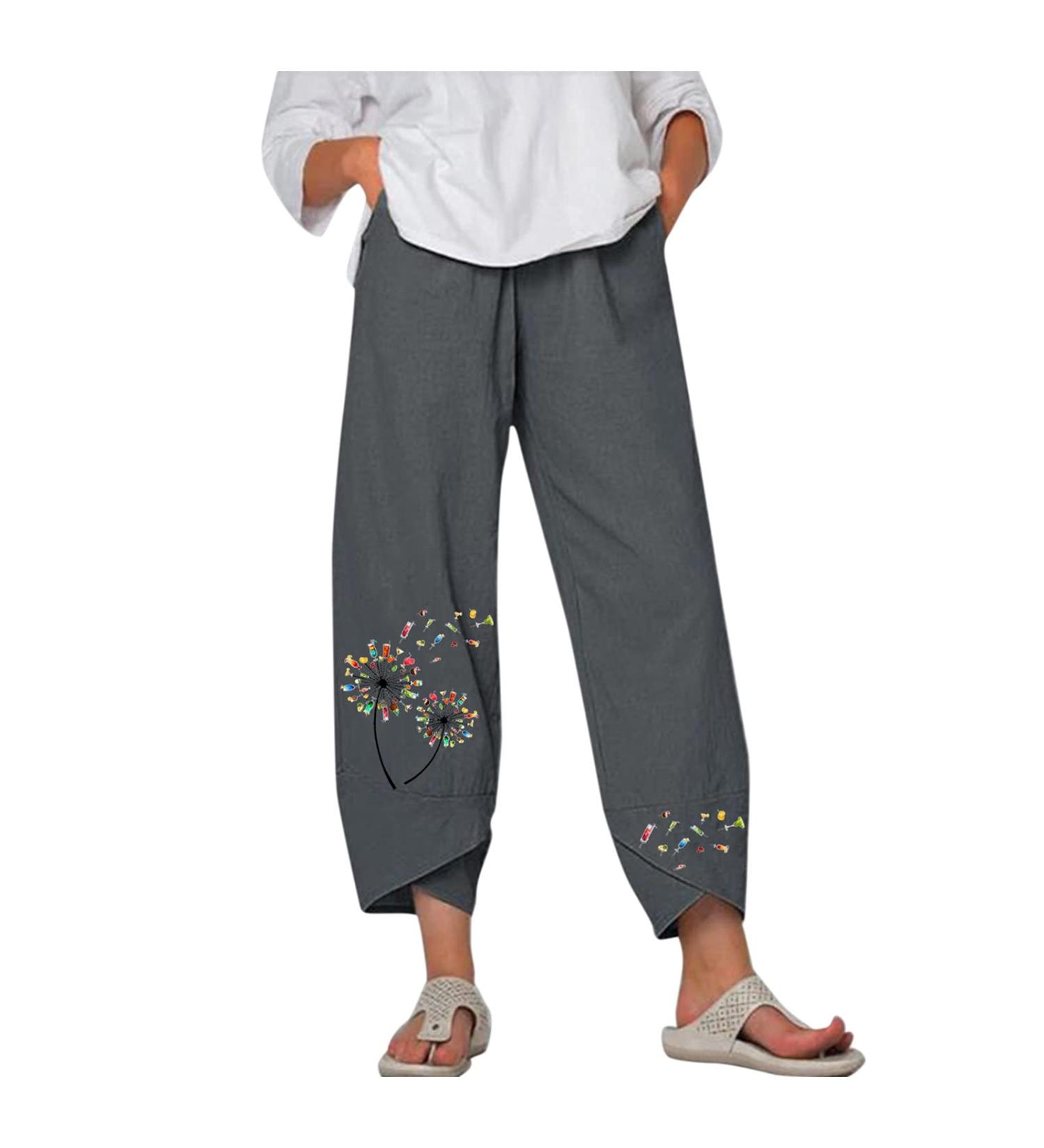Womens Cotton Linen High Waist Capri Pants | Plus Size Summer Crop Pants Grey, XL - Buy Online on GoSupps.com