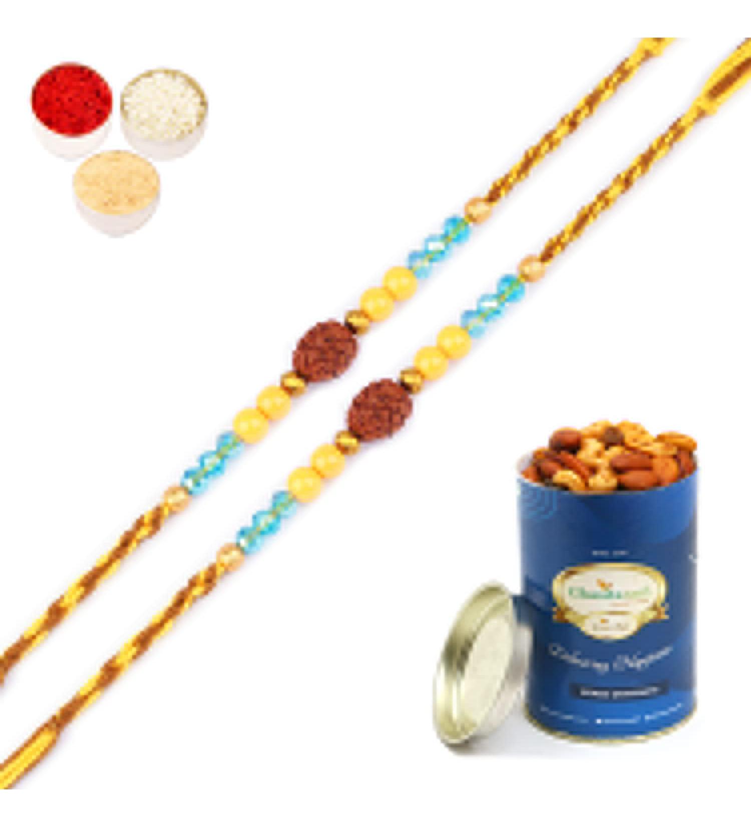 Ghasitaram Gifts Rakhi for Brother Rakhis Online Set of 2-1906- Rudraksh Rakhi with 100 GMS of Dryfruits Mix Can 2 Rakhi with 100 gms of Dryfruits Mix Can - Buy Online on GoSupps.com