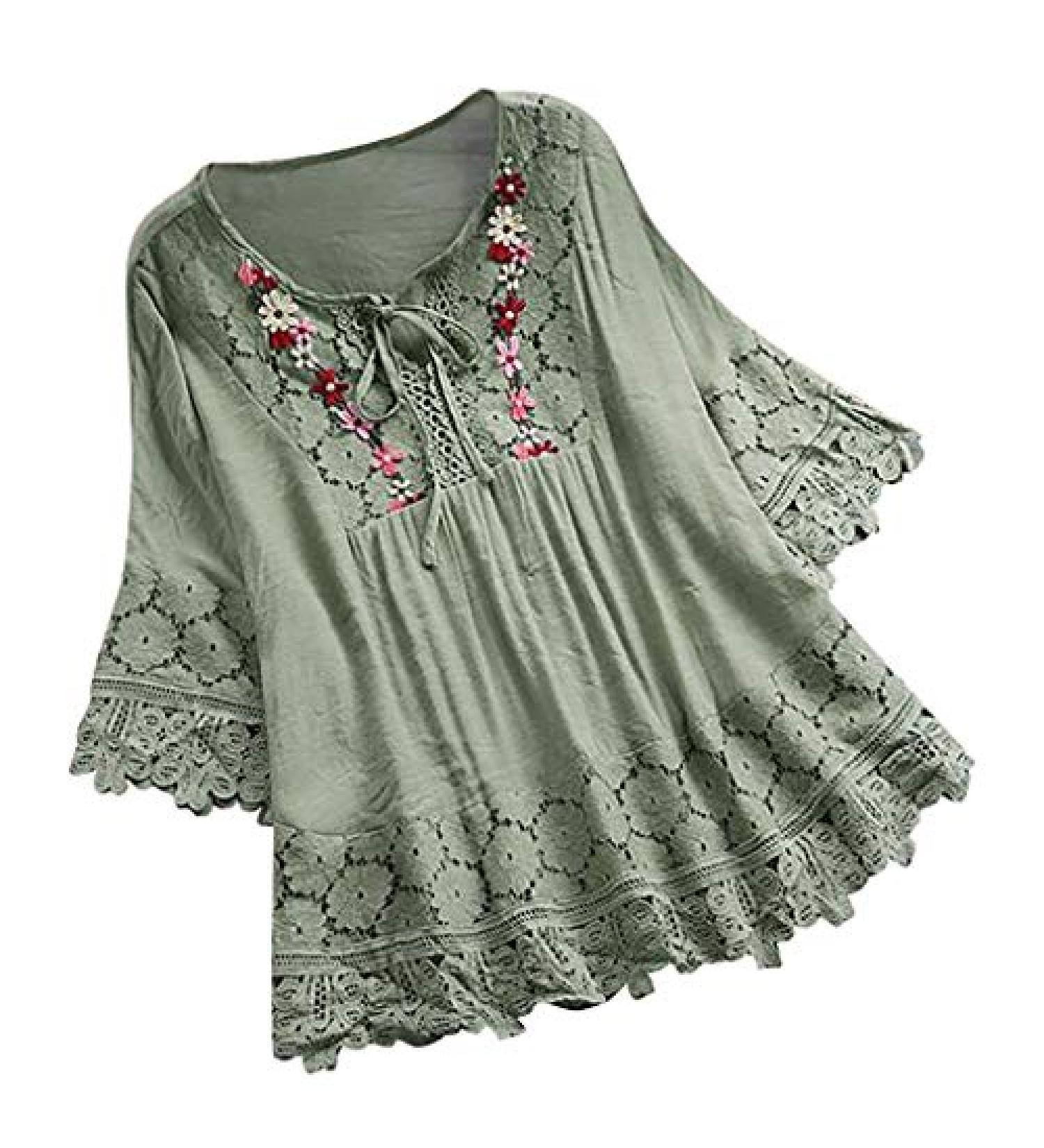 Vintage Lace Patchwork Plus Size Blouse with Bow Detail | Green 3X-Large - Buy Online on GoSupps.com