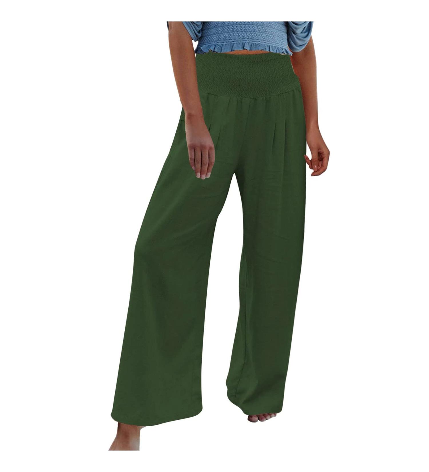 Gufesf Women's Cotton Linen Palazzo Pants - Wide Leg Summer Trousers with Pockets, B2-green Large - Buy Online on GoSupps.com