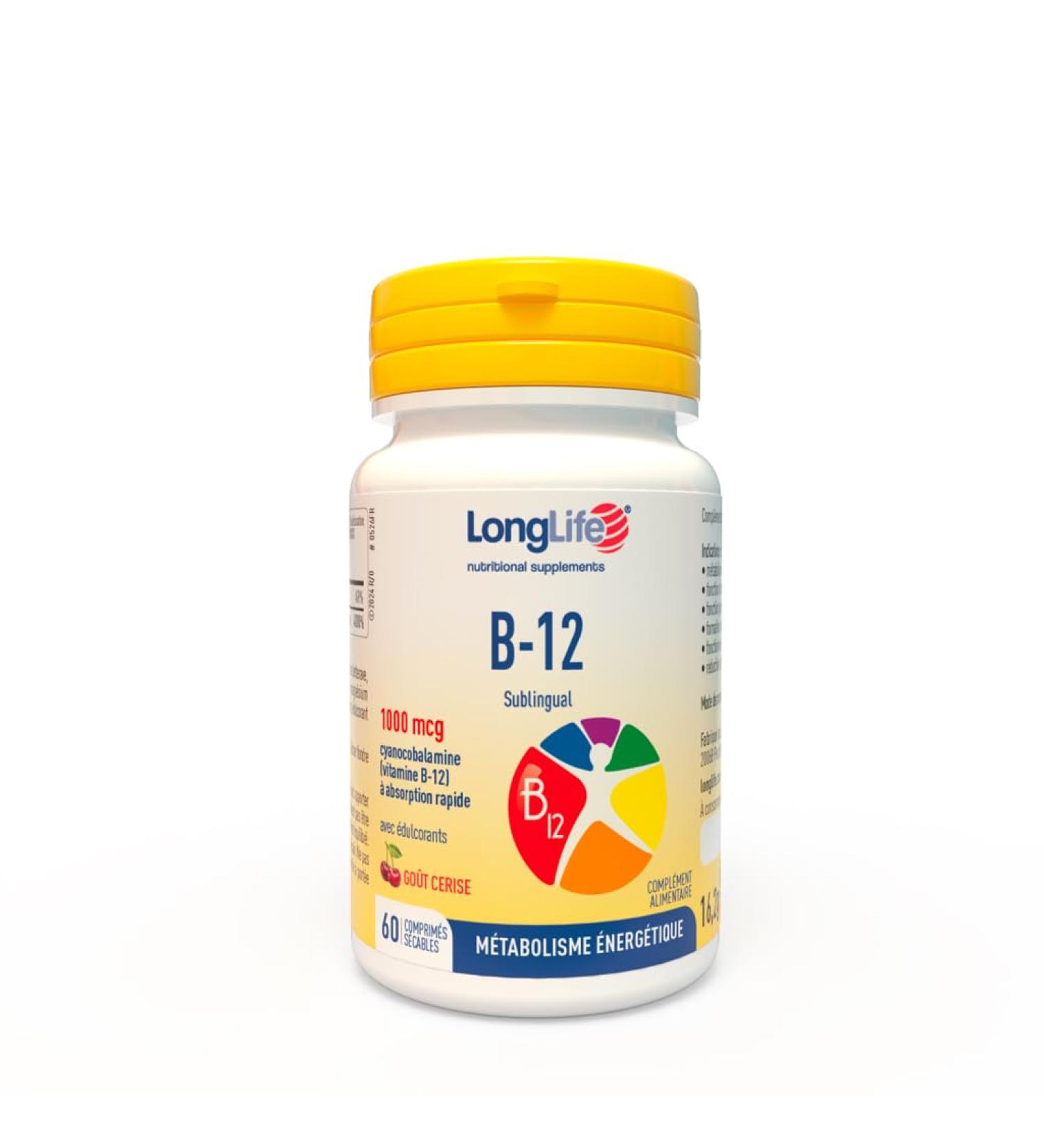 LongLife B12 1000 mcg | Vitamine B-12 | Formule exclusive sublinguale haute dose | Absorption lev e | 2 mois de traitement | 60 comprim s | V gan et sans gluten - Buy Online on GoSupps.com