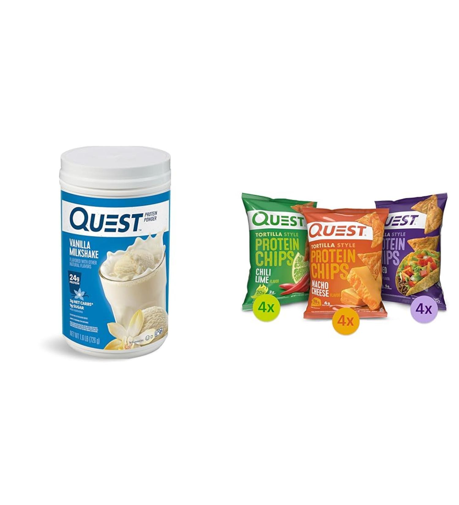Quest Protein Powder & Chips Bundle - Vanilla Milkshake Powder (24g Protein 1.6lb) + Tortilla Chips Variety Pack (12ct) - Buy Online on GoSupps.com