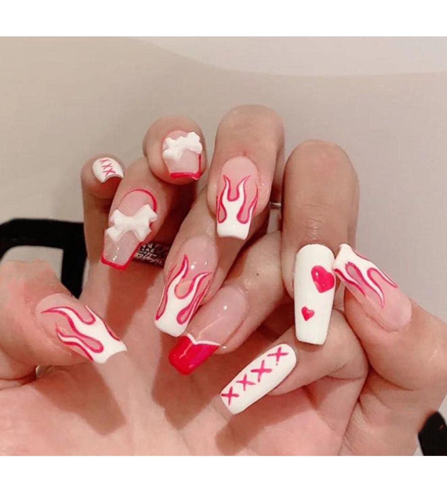 Vatocu Coffin Flame Artificial Nails - Pink Ballerina Acrylic Press-On Fingernails for Women & Girls (24 Pieces) - Buy Online on GoSupps.com