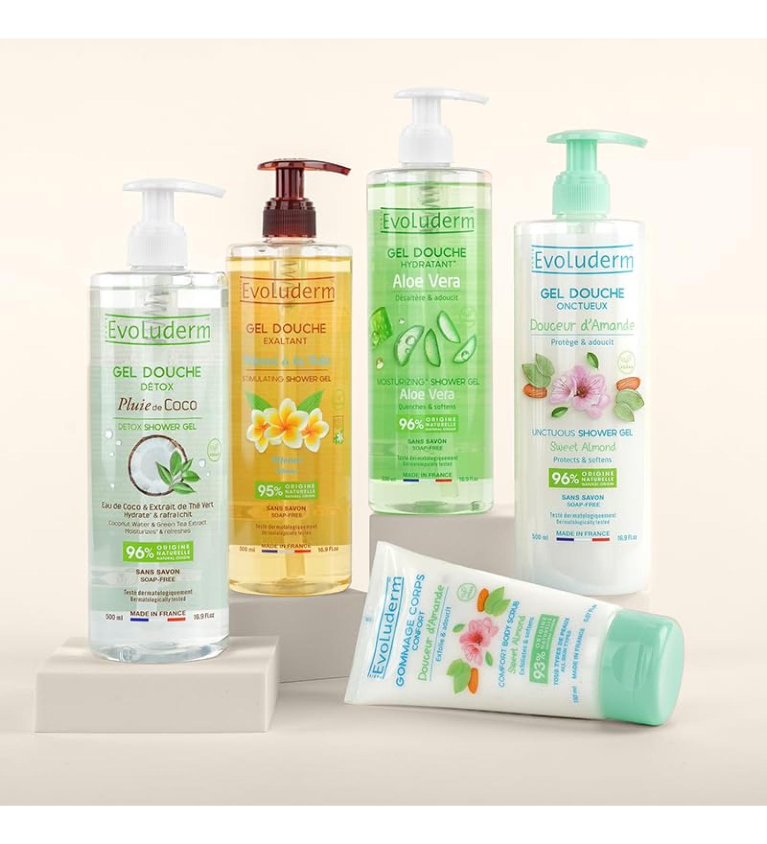  Evoluderm EVOLUDERM - 4 shower gels 500 ml + free scrub - Monoi shower gel - almond - aloe vera - coconut rain - natural ingredients - Made in France - Buy Online on GoSupps.com