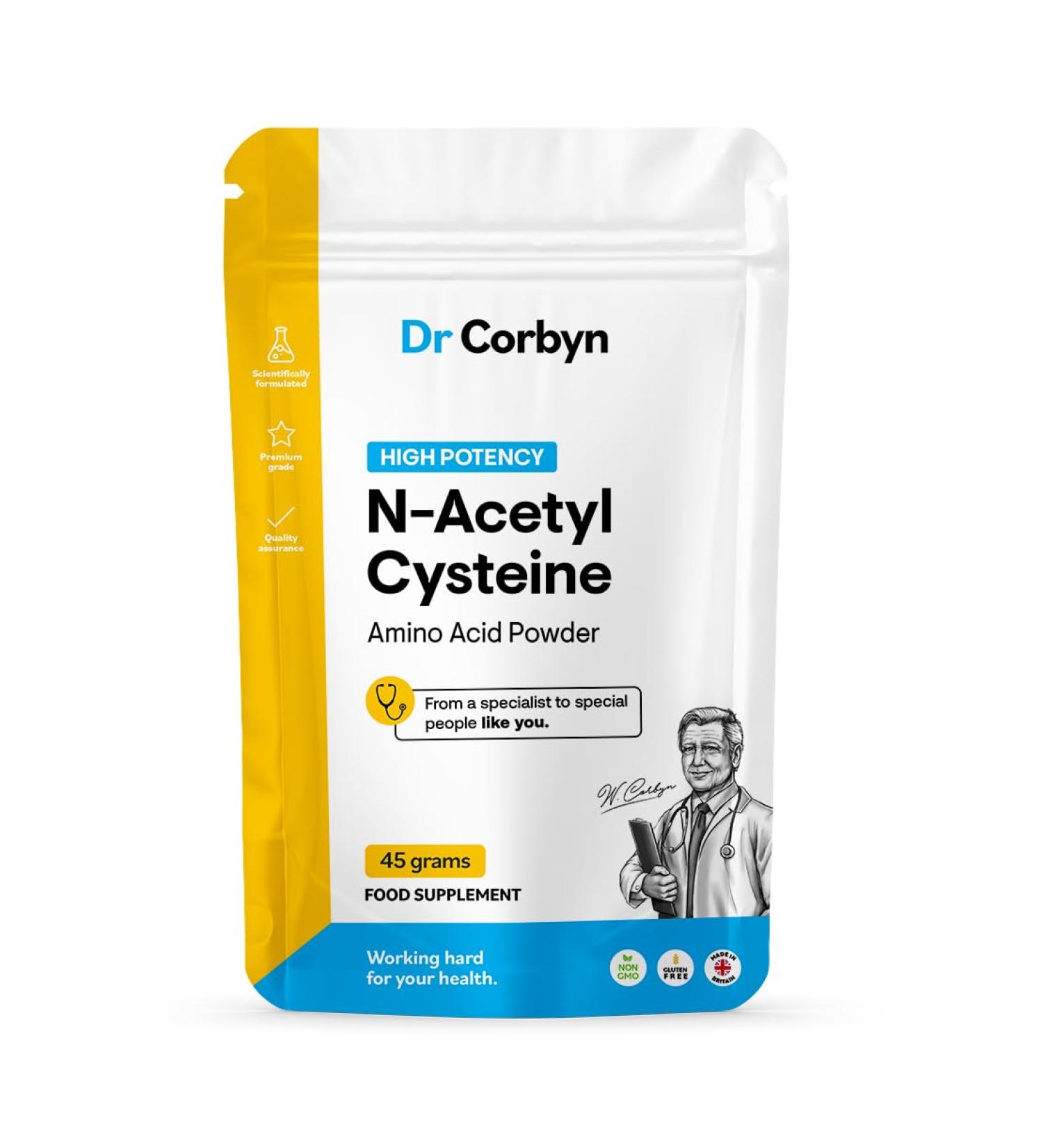 Dr Corbyn NAC N-Acetyl-Cysteine 600mg Powder - 45g | High Strength NAC Amino Acid for Maximum Bioavailability | UK Made - Buy Online on GoSupps.com