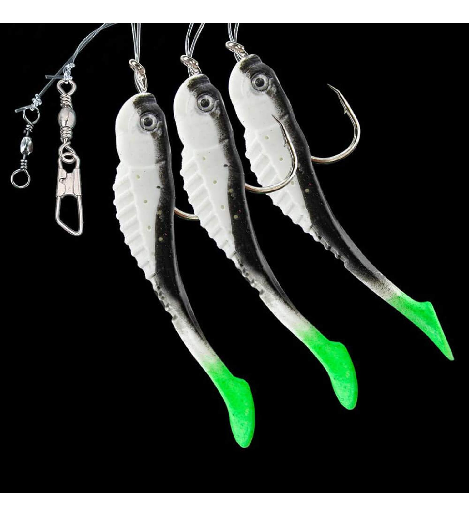 DEGA - 3-piece rubber fish leader with reflective foil made of 3 rubber fish THREE colors line 0.80mm hook size 7/0 white green white-green