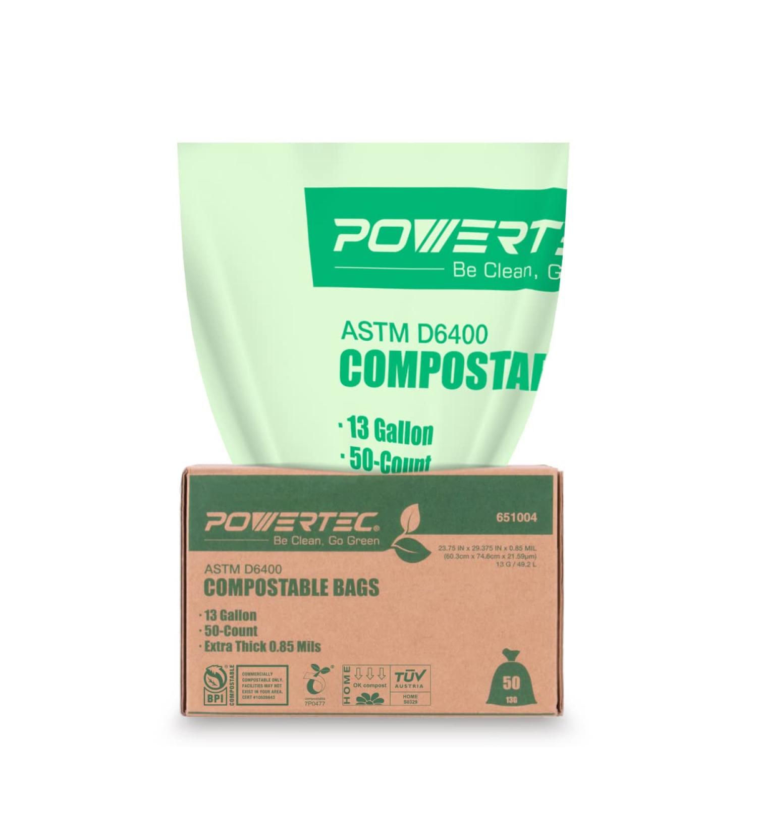 POWERTEC Certified Compostable Bags 50 Count | 49.2 Liter - 13 Gallon Trash Bags | Sustainable Green Products - US BPI and European OK Compost Home Certified - Buy Online on GoSupps.com