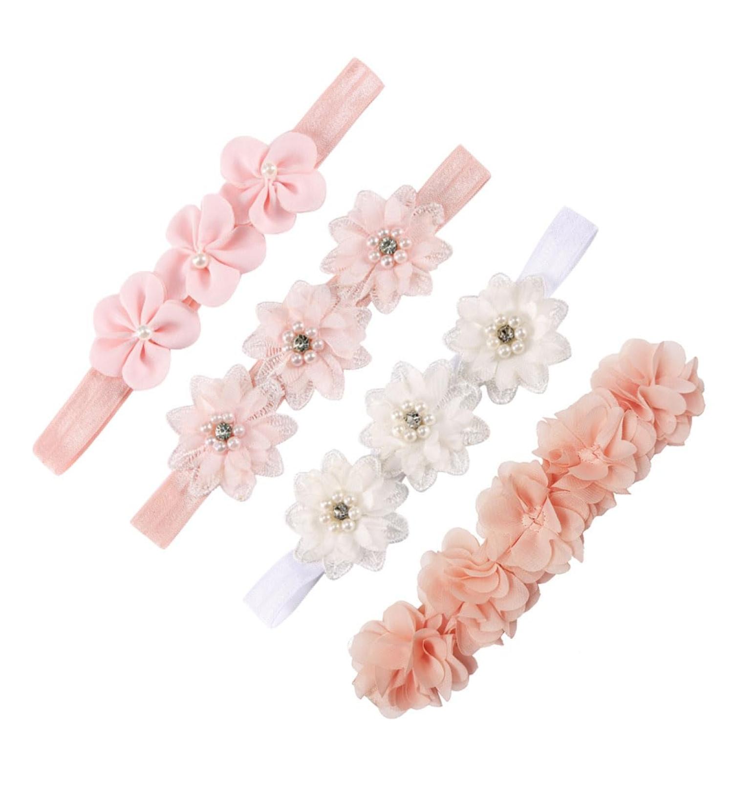 Leeq Baby Girls Bangs - 4Pcs Pearl Flowers Headband for Newborn & Toddlers | Cute Elastic Hair Accessories Gift for Photography (Pink/White) - Buy Online on GoSupps.com