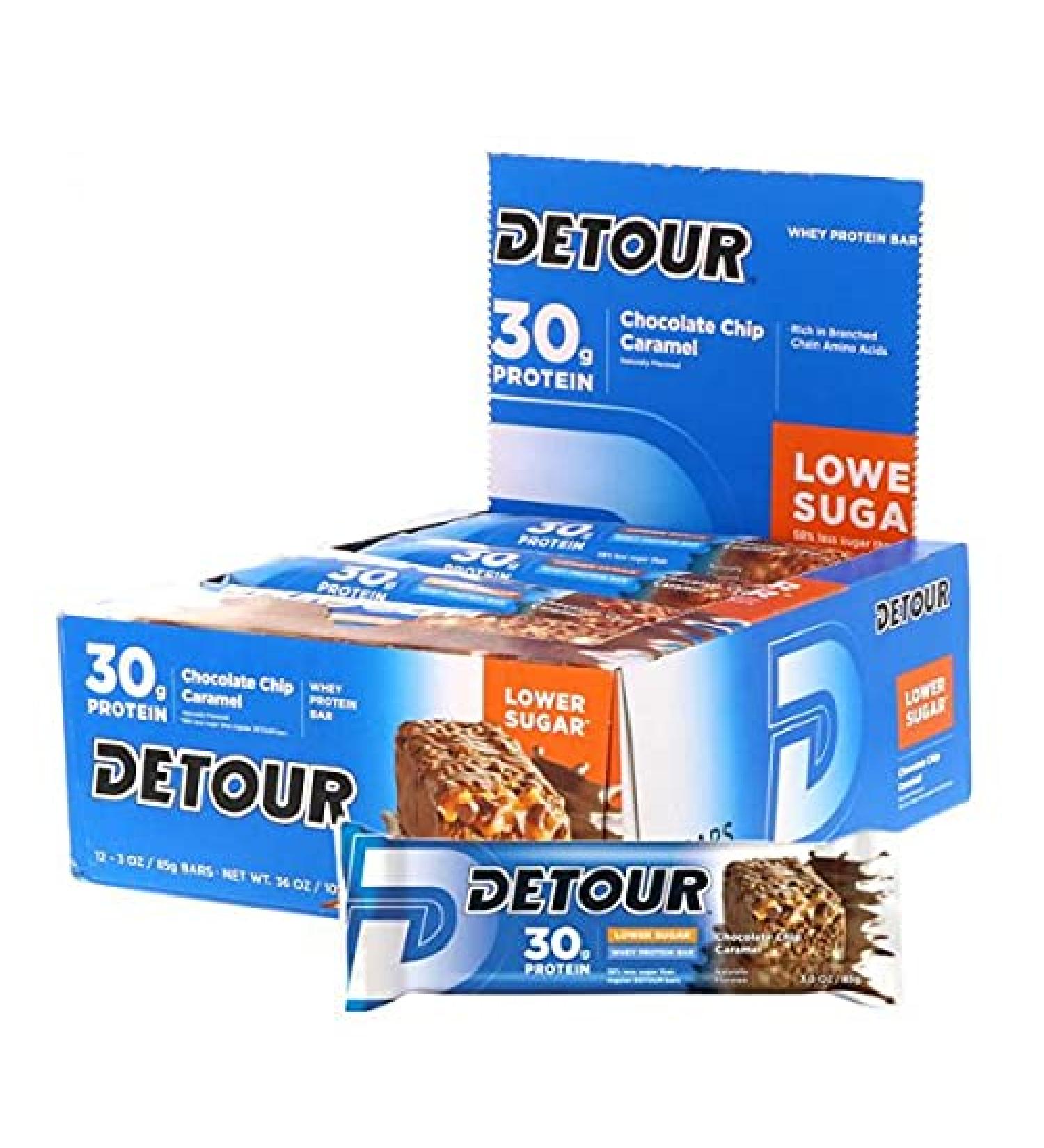 Detour Lower Sugar Whey Protein Bar, Chocolate Chip Caramel, 3 oz, 12 Count Pack - Buy Online on GoSupps.com