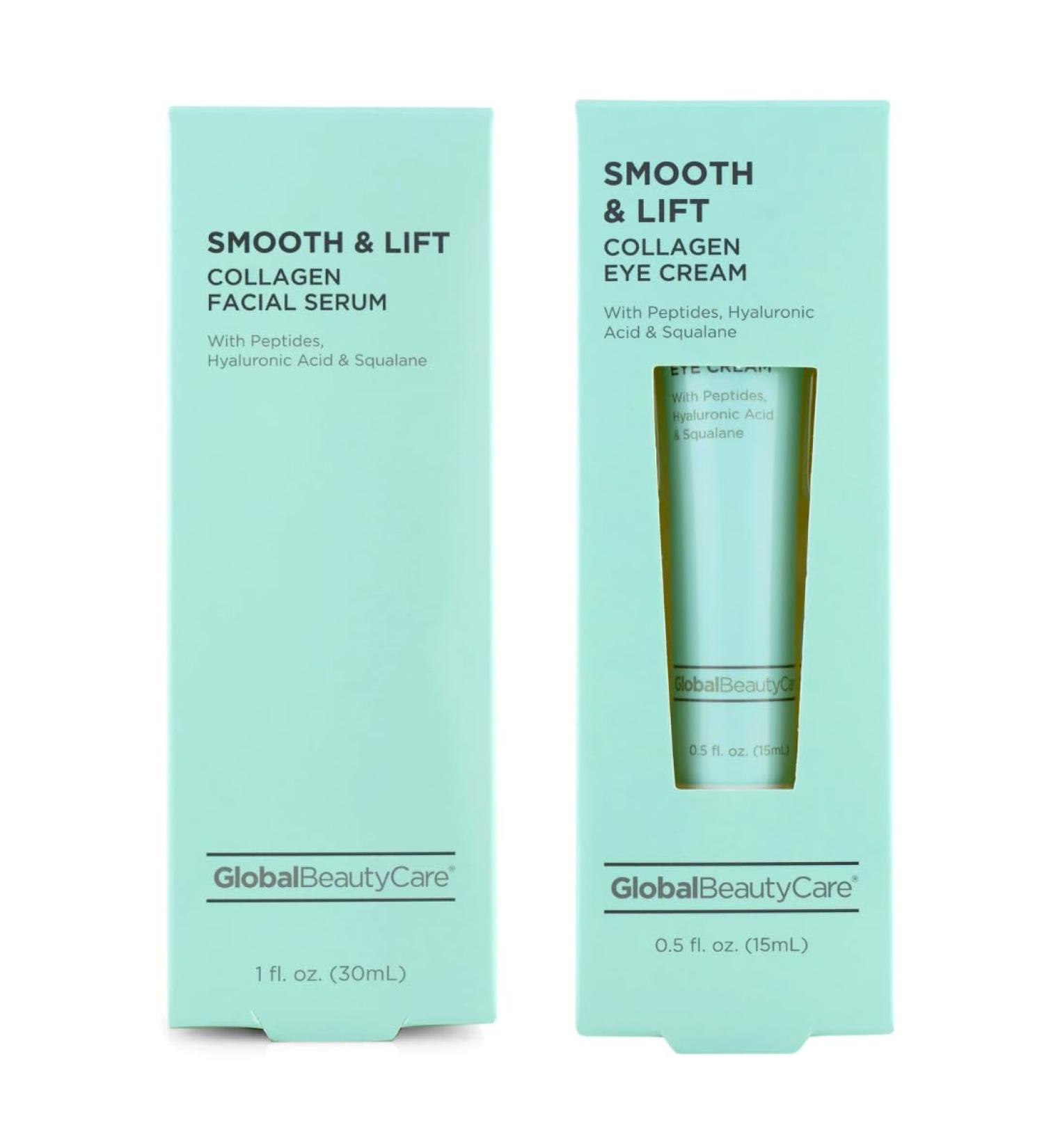 Global Beauty Smooth & Lift Collagen Facial Serum 1 fl oz 30 ml & Eye Cream .5 fl oz 15ml with Peptides Hyaluronic Acid & Squalane 1fl oz 30ml