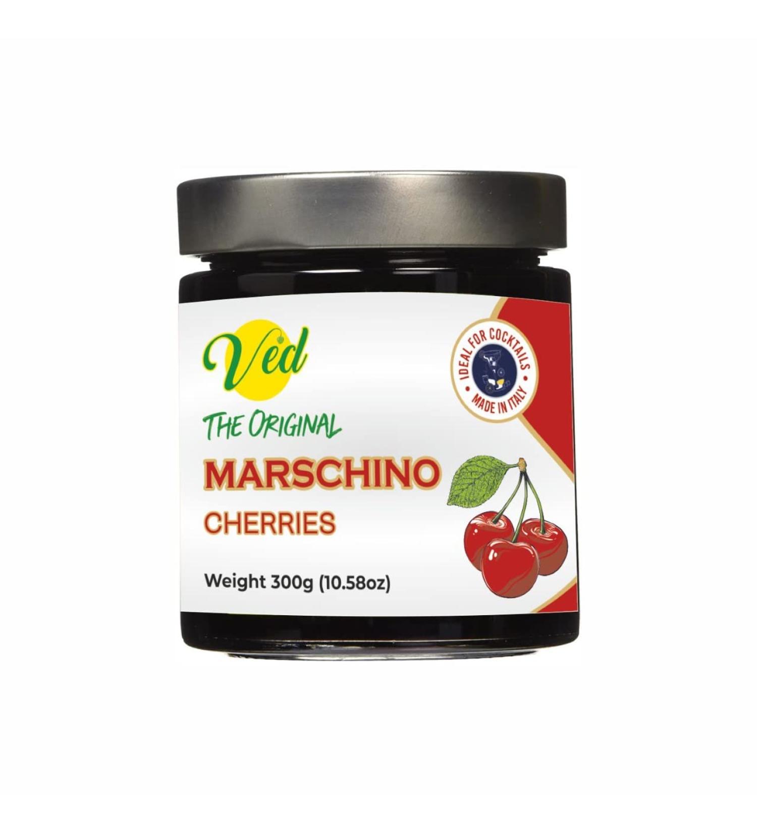 Ved Gourmet Original Red Maraschino Cherries - Vegan Italian Cocktail Bourbon Cherries - 300g Jar - Buy Online on GoSupps.com
