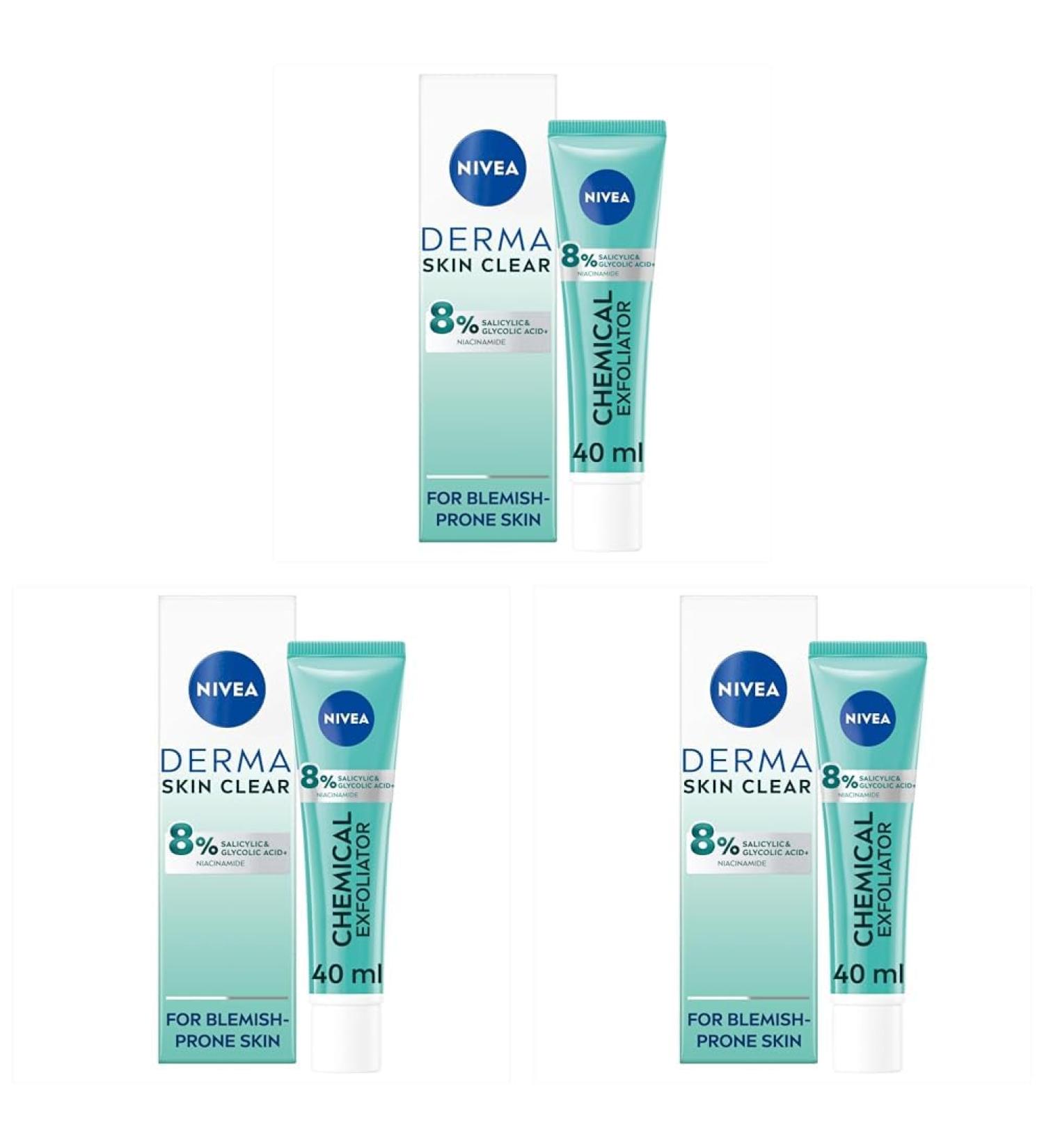 NIVEA Derma Skin Clear Chemical Exfoliator (40ml) Liquid Exfoliator Made with Salicylic Acid Glycolic Acid and Niacinamide to Visibly Reduce and Prevent Blemishes For Blemish-Prone Skin - Buy Online on GoSupps.com