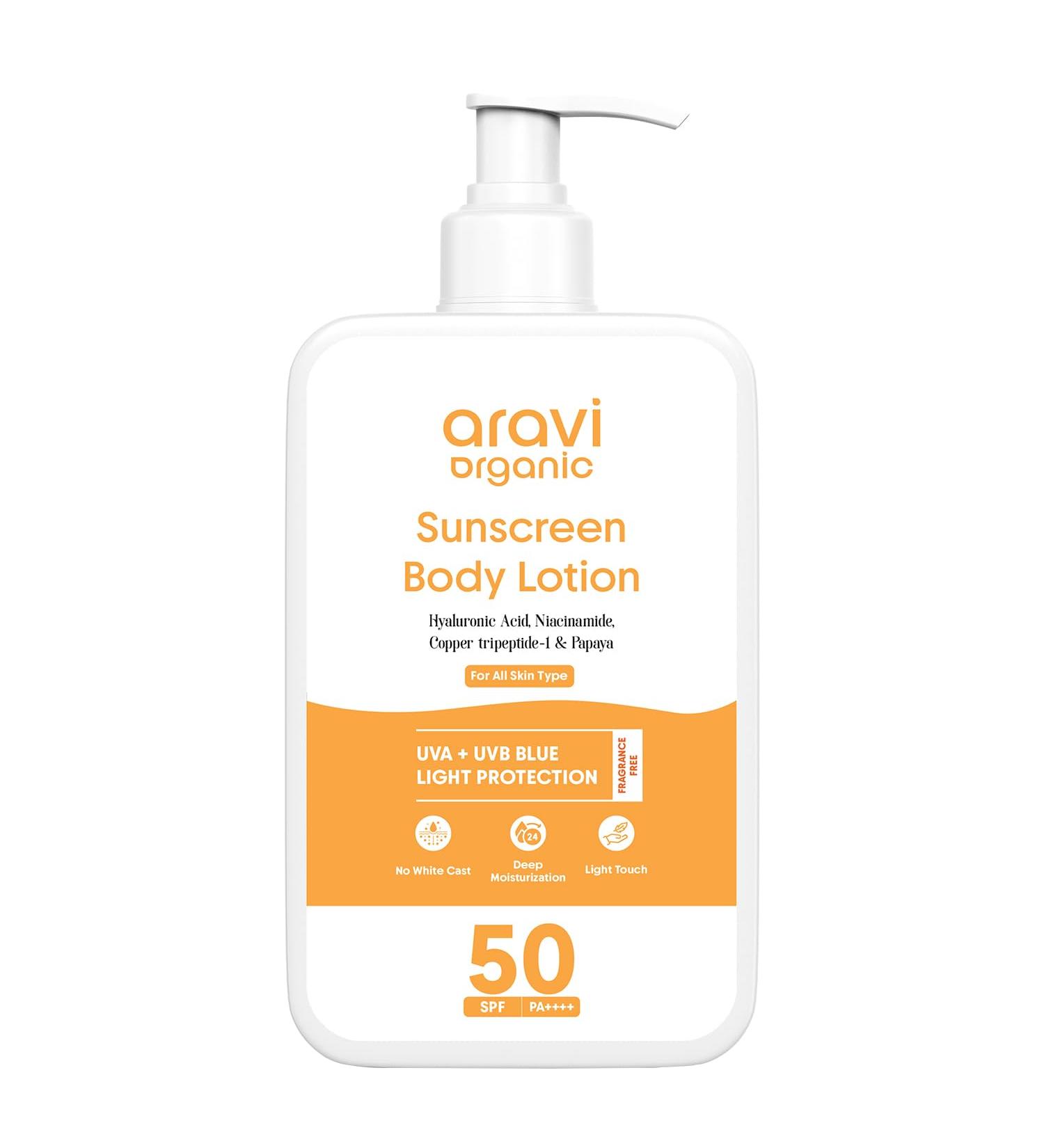Aravi Organic Oil-Free Sunscreen Body Lotion SPF 50 PA++++ | (In-Vivo) Dermatologically Tested | Lightweight & No White Cast | UVA/UVB & Blue Light Protection | Niacinamide & Hyaluronic Acid | 200ml - Buy Online on GoSupps.com