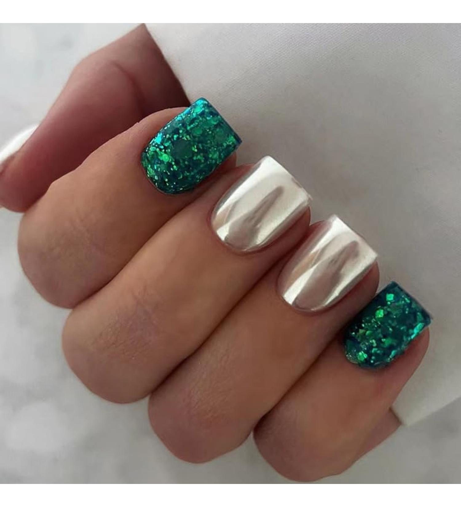 Shop Mouyouglow Press On Nails - Short Square Silver Gray & Dark Green Glitter - Bling Artificial Nails with Glue - Buy Online on GoSupps.com