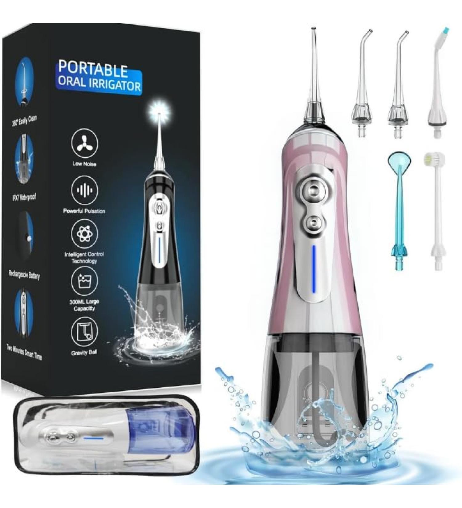 Travel Water Dental Flosser - 5 Modes Cordless Portable Teeth Cleaner Rechargeable 300ML IPX7 Waterproof Oral Irrigator - Perfect for Home & Travel (Pink - Buy Online on GoSupps.com