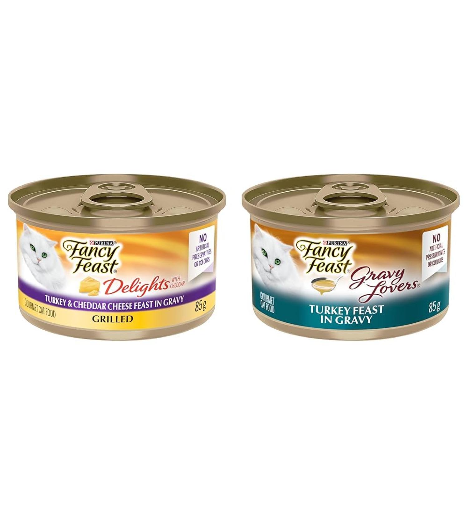 Fancy Feast Delights with Cheddar Wet Cat Food Grilled Turkey & Cheddar Cheese Feast - 85 g Can (24 Pack) & Fancy Feast Gravy Lovers Wet Cat Food Turkey Feast in Gravy - 85 g Can (24 Pack) Cat Food + PET_FOOD 00055800436696 - Buy Online on GoSupps.com